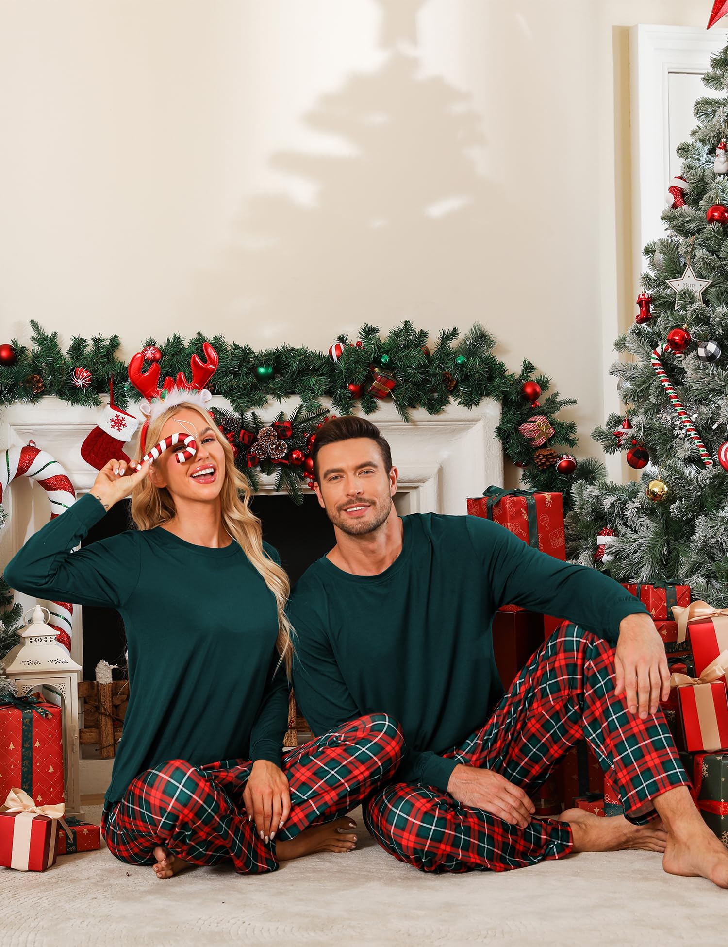 LecGee Pijamas de Navidad a juego para parejas, de manga larga, ropa de dormir familiar, para mujeres y hombres, pijamas a cuadros con bolsillos