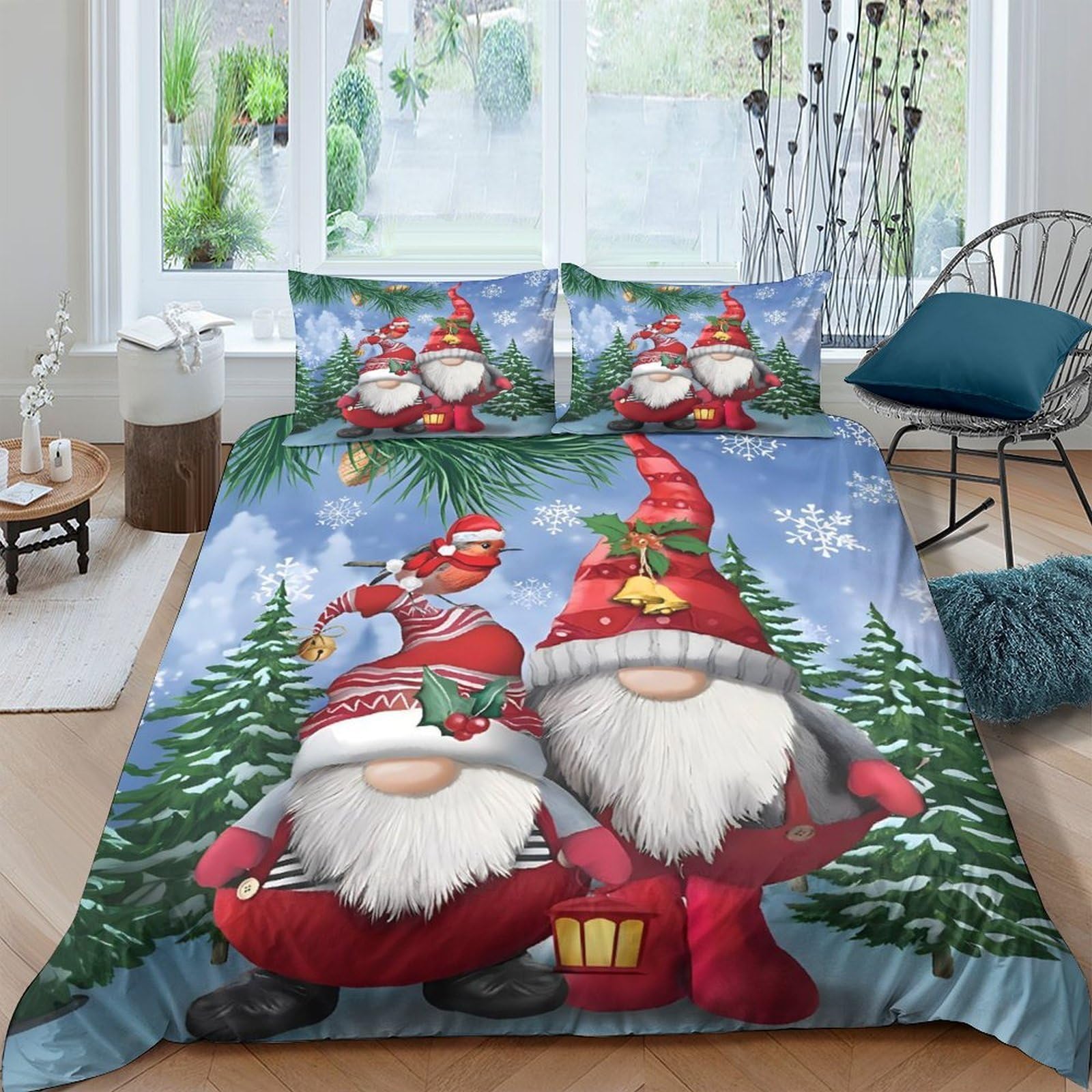 Ctjqhvkz Style-2 3D Printed Christmas Gnome Fitted Sheet Microfiber Soft Red Green Winter Forest Bed Cover For Bedroom Dorm Decor Single（135X200cm）