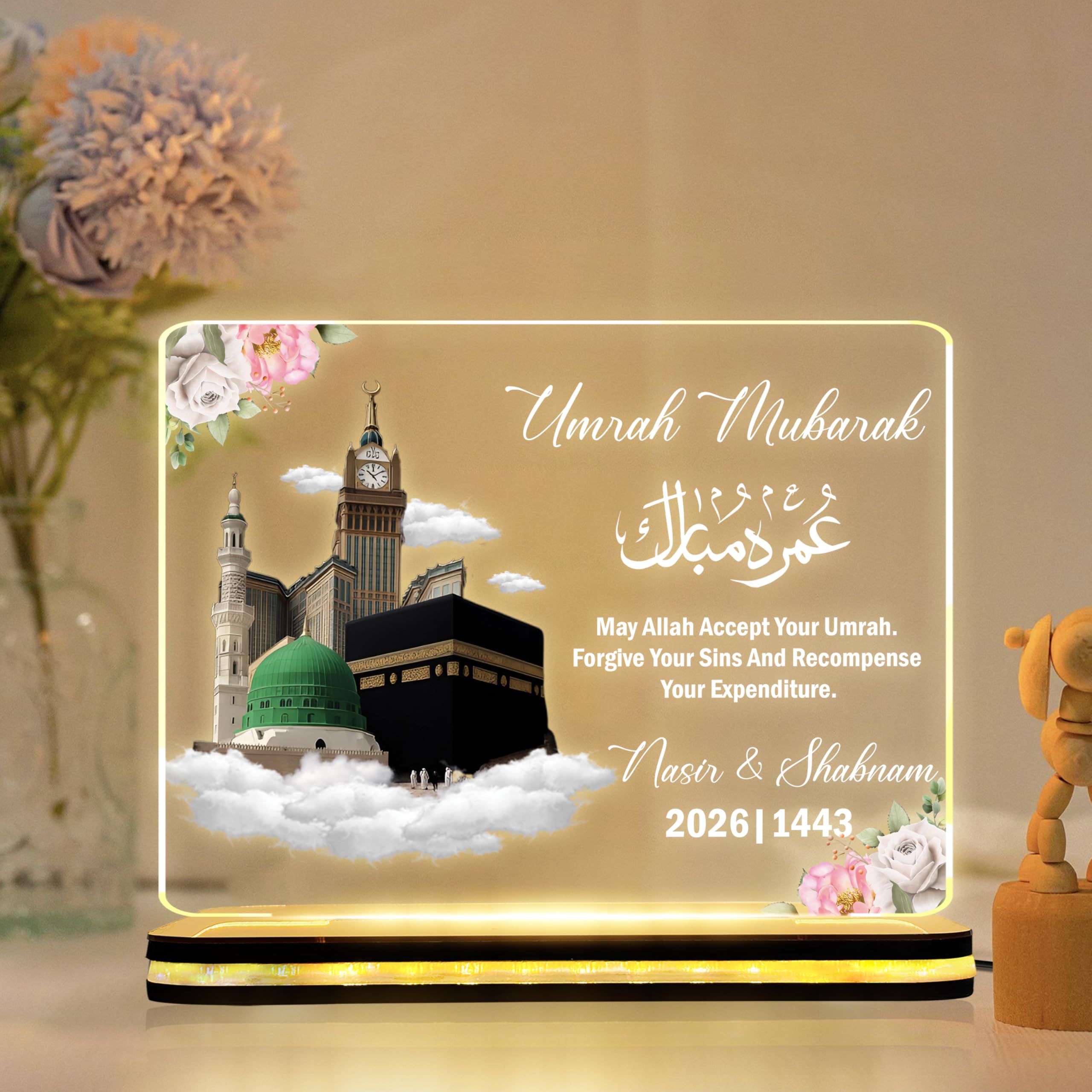 Custom Umrah Mubarak Acrylic LED Night Lamp | Custom Name Islamic Light Kaaba Theme | Ramadan Gift Eid Decoration USB Powered Table Lamp | Bedroom Spiritual Decor | Size (8x6) Inch-image-2