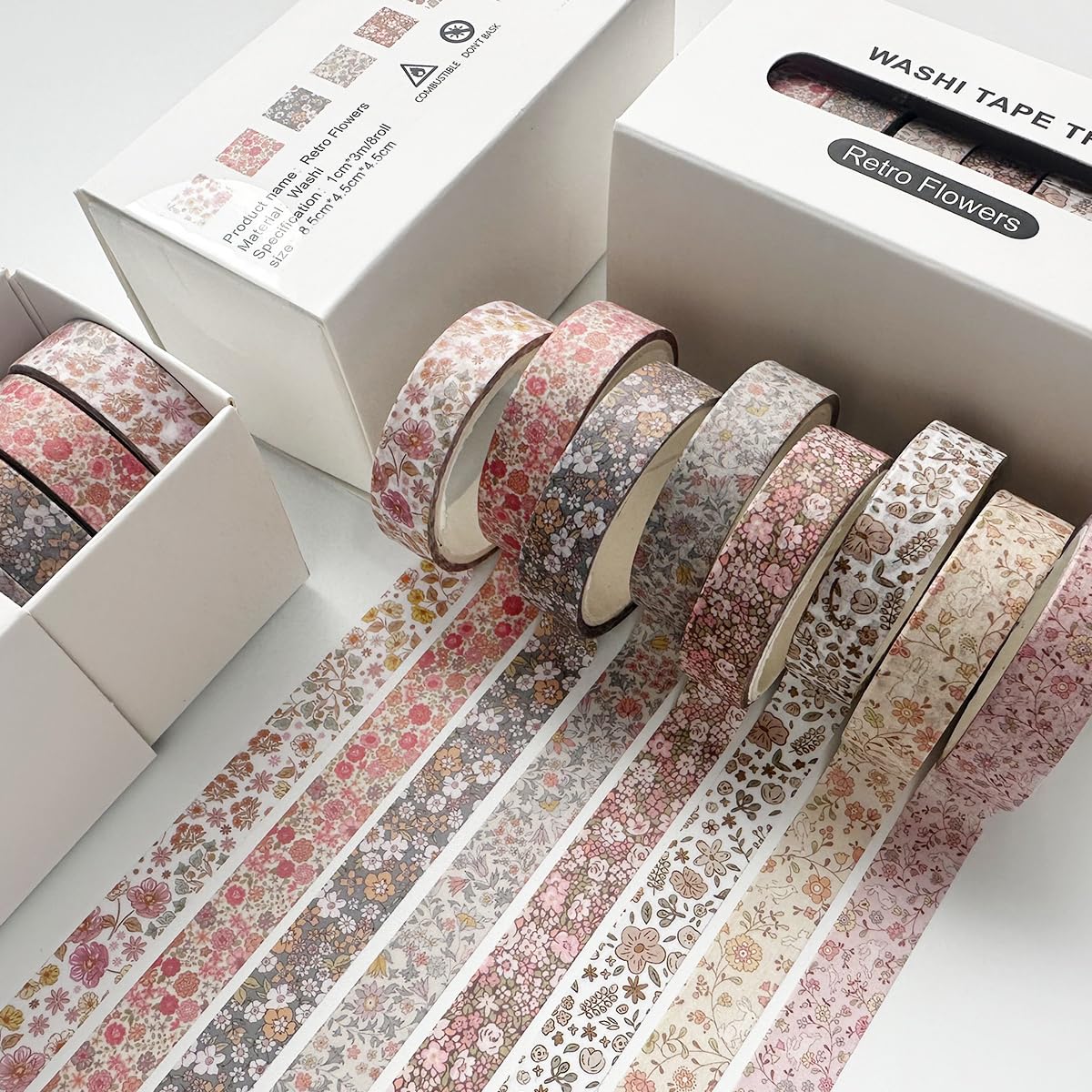 Zestaw taśm Washi w stylu vintage, 8 rolek, cienkie, dekoracyjne, antyczne wzory, taśmy maskujące do sztuki, rękodzieła, dzienników, planerów, scrapbookingu, pakowania (małe kwiaty)