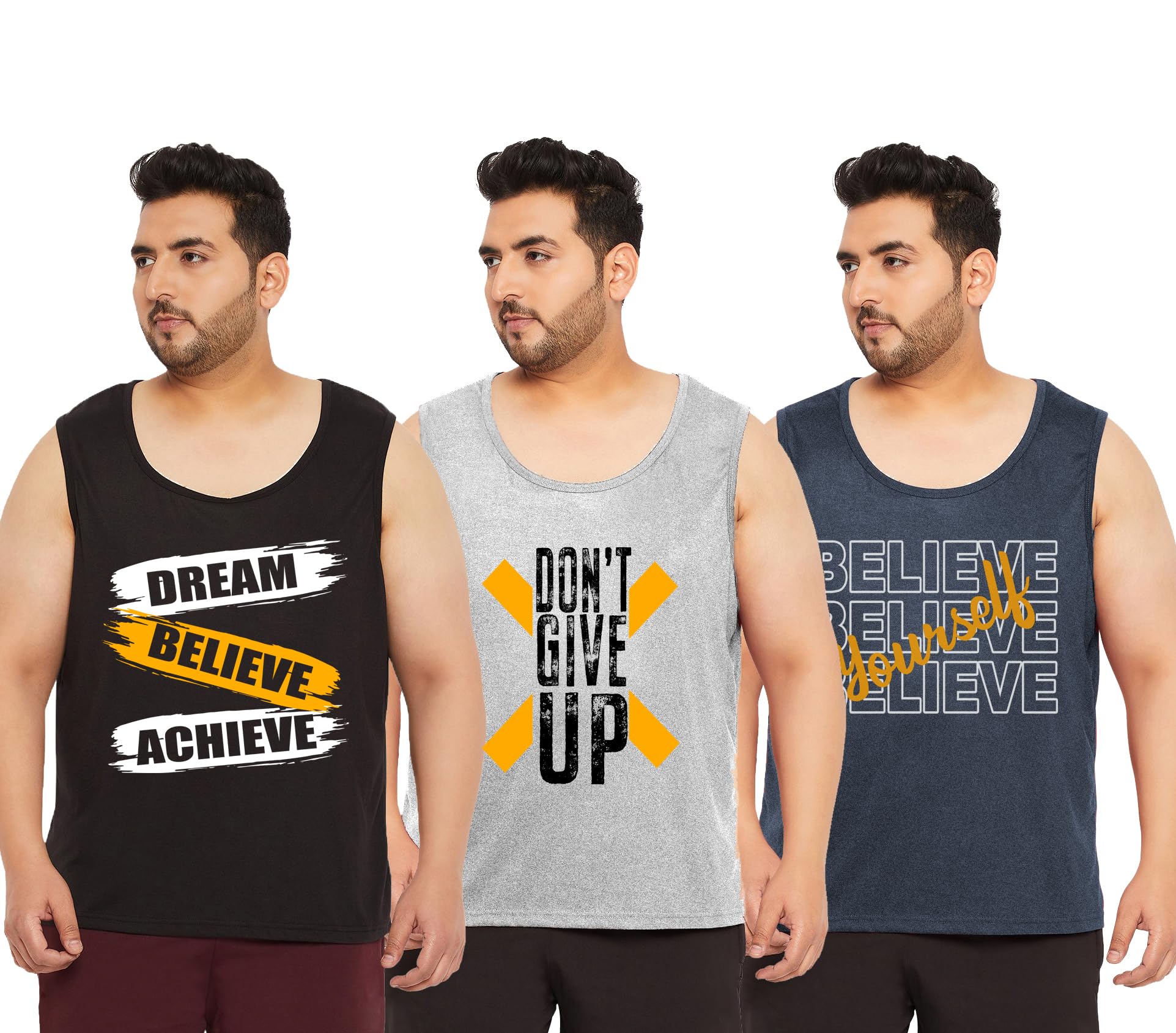 West Gate Clothing Cotton Printed Plus Size Vest for Men | Round Neck, Regular Fit, Sleeveless Plus Size | Men's Tank Top | 3XL, 4XL, 5XL | Perfect for Workouts Gym | Black Grey | Combo Pack of 3-image-9