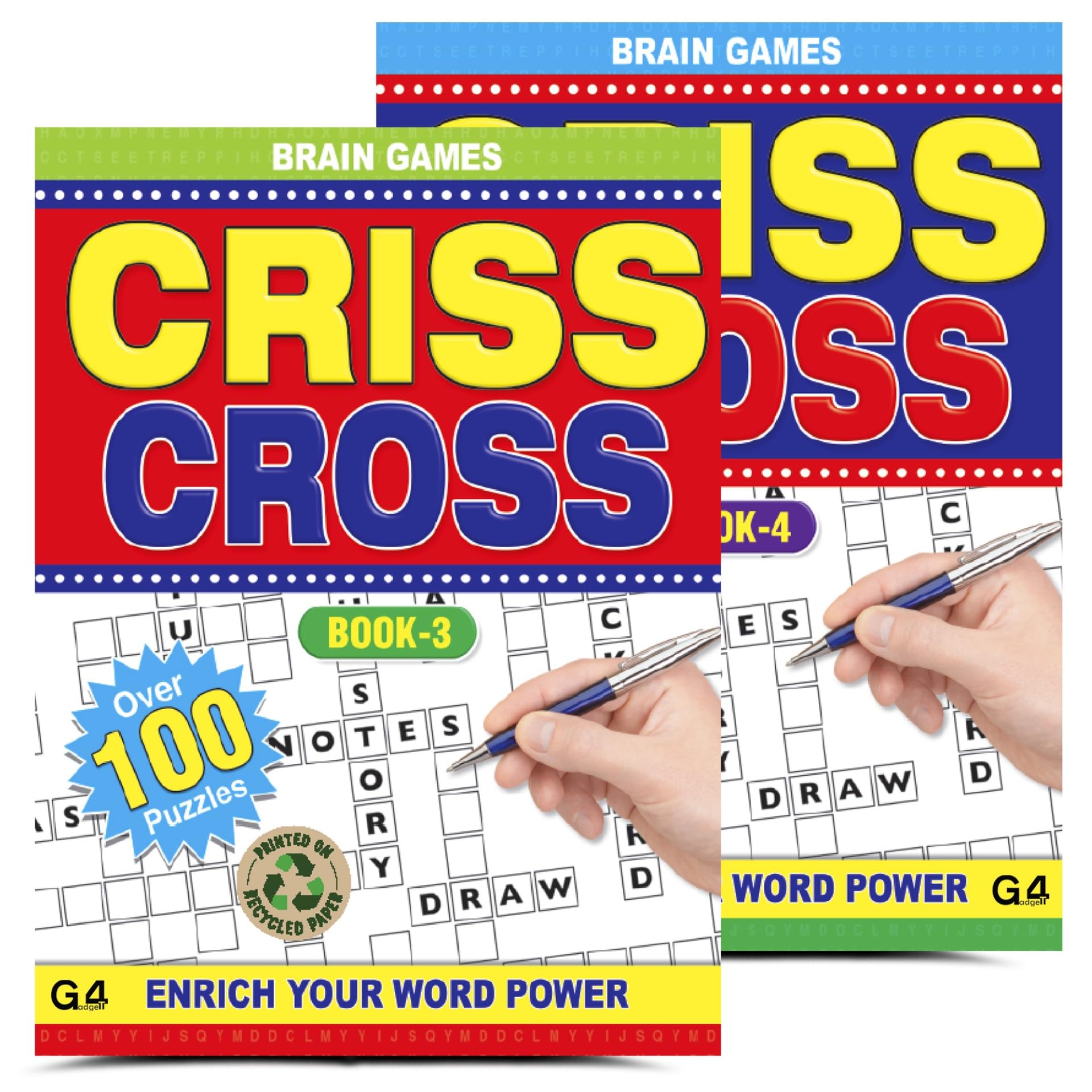 G4Gadget Criss Cross Puzzle Books for Adults 2 Pack – Book 3 & Book 4 | Large Criss Cross Puzzle Book Set with 400+ Word Fit Puzzles | Crossword Style Brain Teasers on Recycled Paper | Travel Puzzle B