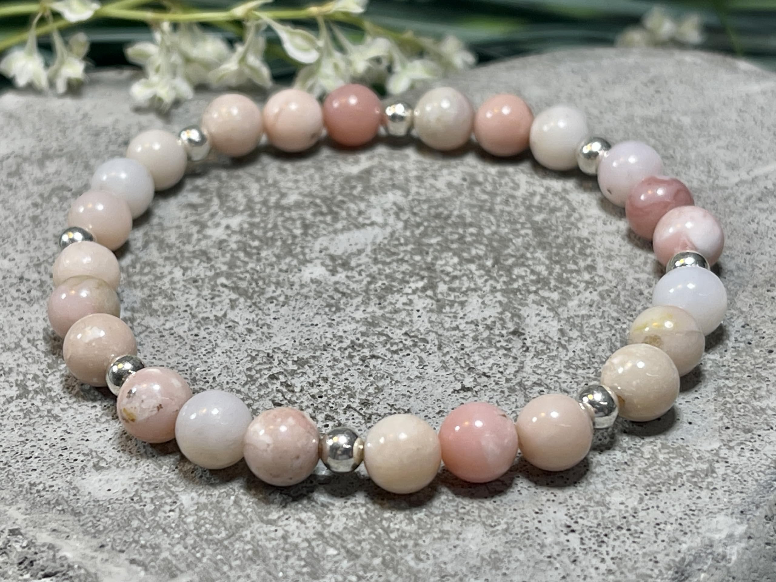 Rosa Opal Armband Perlen echt 6mm mit Edelstahlperlen 4mm Silber Gold Roségold oder Ionisiert - Handmade Perlenarmband Lebenskraft Kreativität und Ruhe - Spiritueller Schmuck Unisex