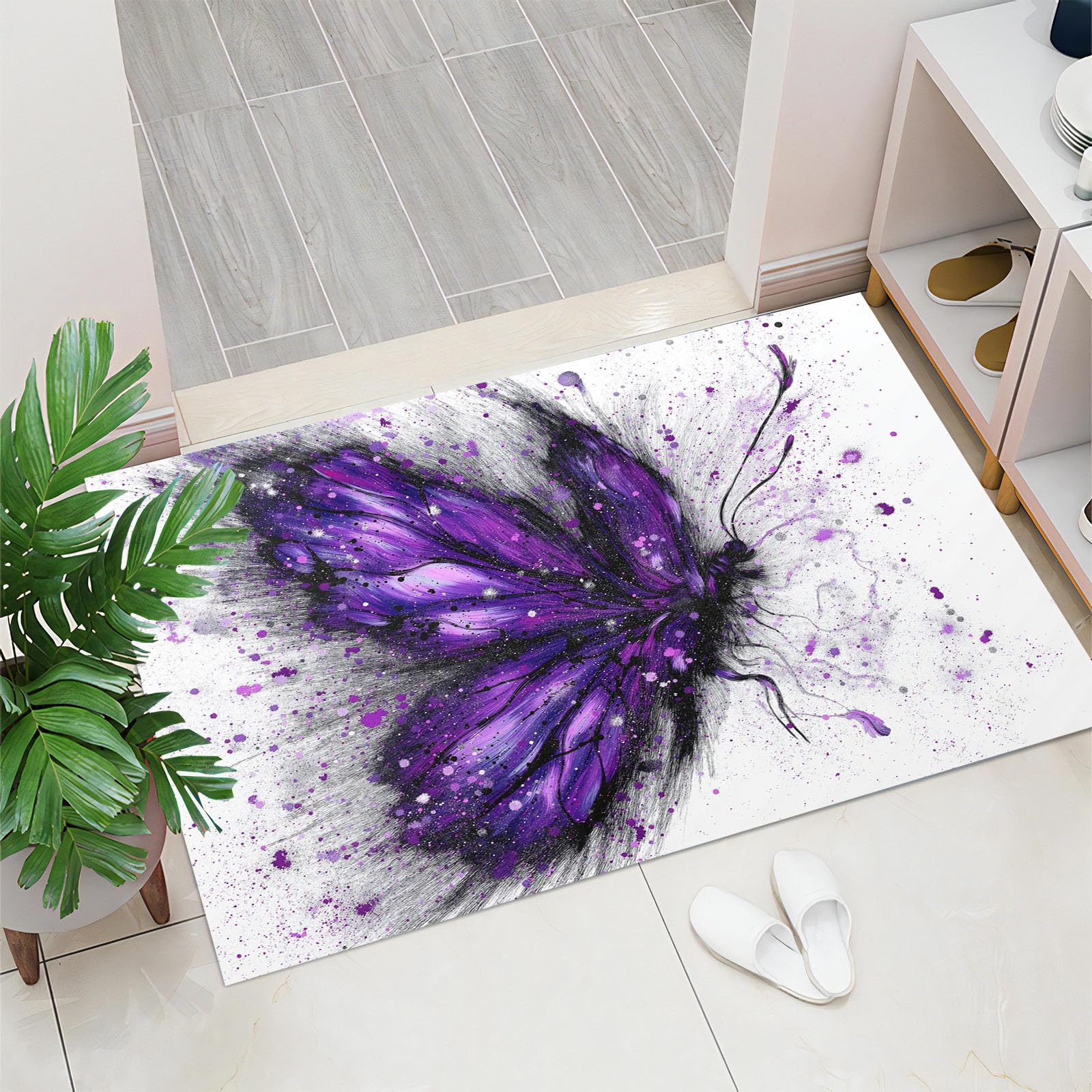 80 x 120 cm, paillasson d'entrée intérieur et extérieur, Tapis Art à l'encre éclaboussée Papillon Violet, Tapis de Sol résistant à la décoloration, Profil Bas, Facile à Nettoyer Violet