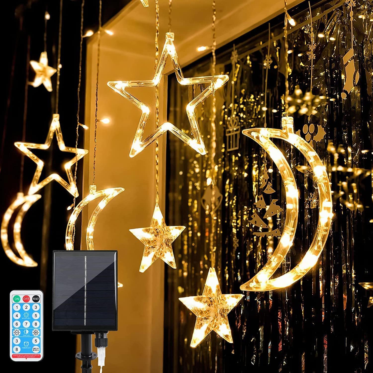 Stringa di luci solari per esterni, a forma di stella e luna, 8 modalità, 138 LED, con telecomando, impermeabile, decorazione per Natale, matrimoni, feste, casa, patio (acqua)
