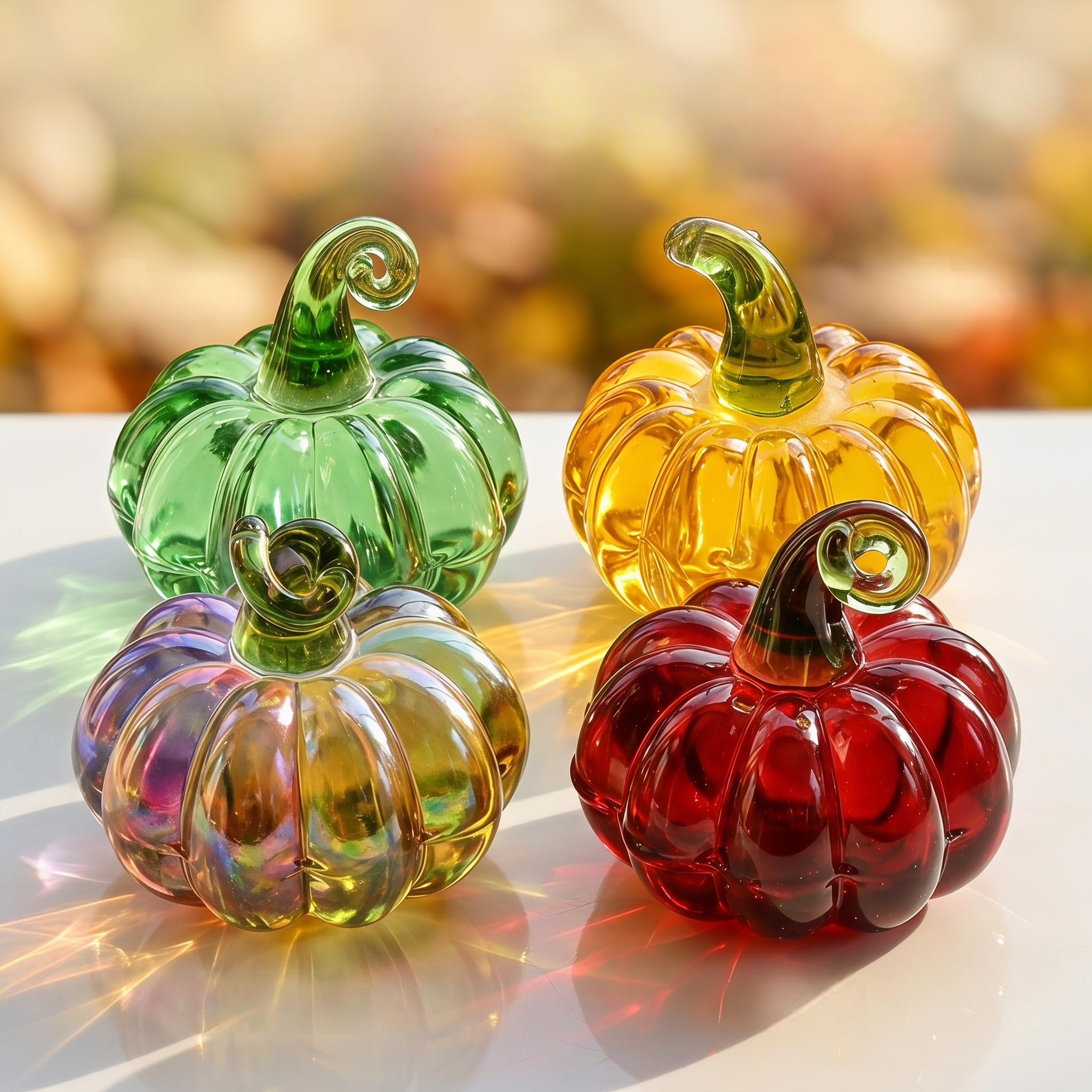 dididudi 4 Pcs Mini Crystal Pumpkin Figurines Glass Pumpkin Decor for Fall Harvest Thanksgiving Halloween, Hand Blown Glass Pumpkins Collectible Tabletop Ornaments, Home Decor