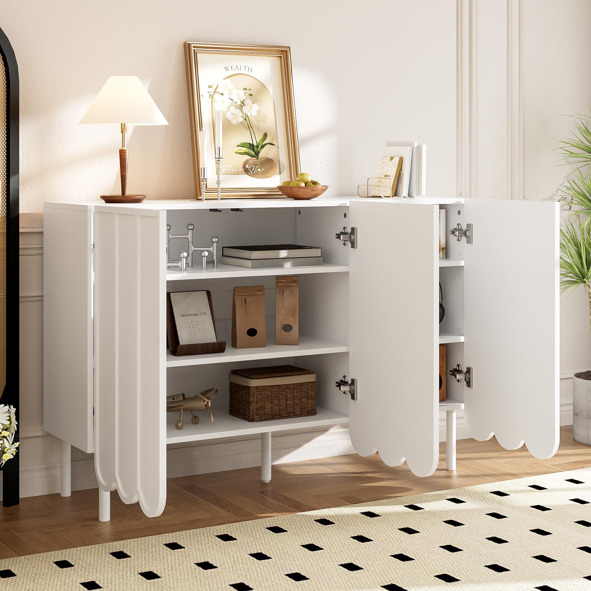 Credenza con ante ondulate, moderna bianca, 120 x 35 x 80 cm, senza maniglie, ripiani regolabili, spazio per soggiorno, corridoio e sala da pranzo