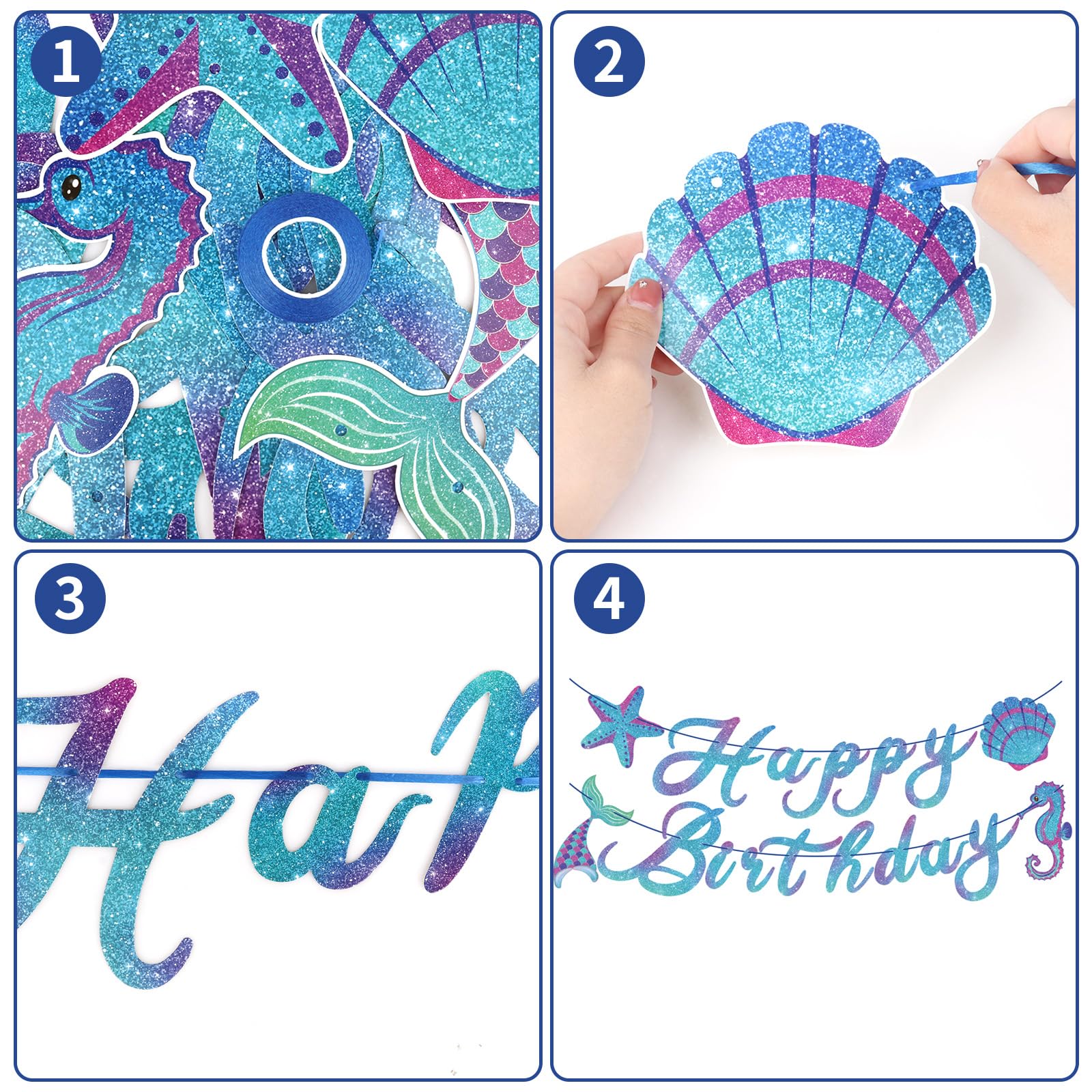 Hooqict Meerjungfrau Geburtstag Dekorationen Meerjungfrau Happy Birthday Banner Girlande Schild für Mädchen Baby 1. 2. 3. Party Banner unter dem Meer Motto Party Supplies hängende Dekorationen