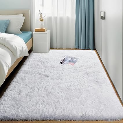 Amdrebio White Area Rugs for Bedroom, Shag Fluffy Rug for Living Room, Modern Furry Shaggy Throw Rug for Kids Room, Teen Girls, Dorm, Baby Nursery, Cute Fuzzy Fur White Carpet, 4x6 Rug, Home Decor