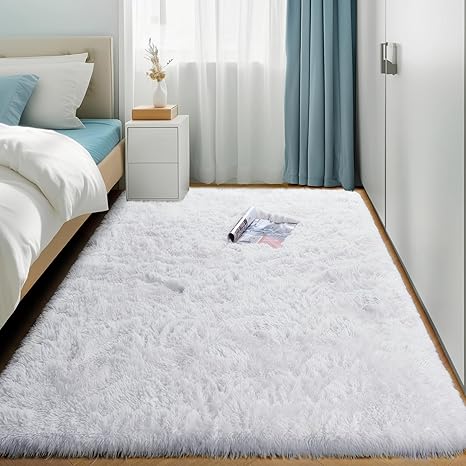 Amdrebio White Area Rugs for Bedroom, Shag Fluffy Rug for Living Room, Modern Furry Shaggy Throw Rug for Kids Room, Teen Girls, Dorm, Baby Nursery, Cute Fuzzy Fur White Carpet, 4x6 Rug, Home Decor