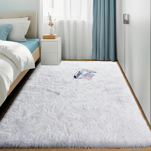 Amdrebio White Area Rugs for Bedroom, Shag Fluffy Rug for Living Room, Modern Furry Shaggy Throw Rug for Kids Room, Teen Girls, Dorm, Baby Nursery, Cute Fuzzy Fur White Carpet, 4x6 Rug, Home Decor