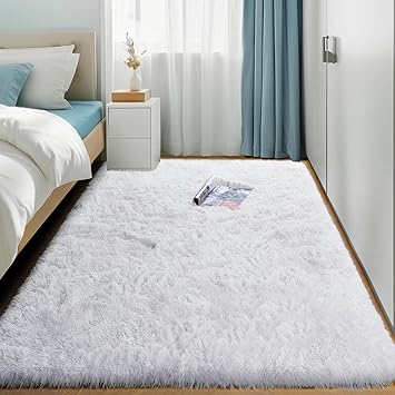Amdrebio White Area Rugs for Bedroom, Shag Fluffy Rug for Living Room, Modern Furry Shaggy Throw Rug for Kids Room, Teen Girls, Dorm, Baby Nursery, Cute Fuzzy Fur White Carpet, 4x6 Rug, Home Decor