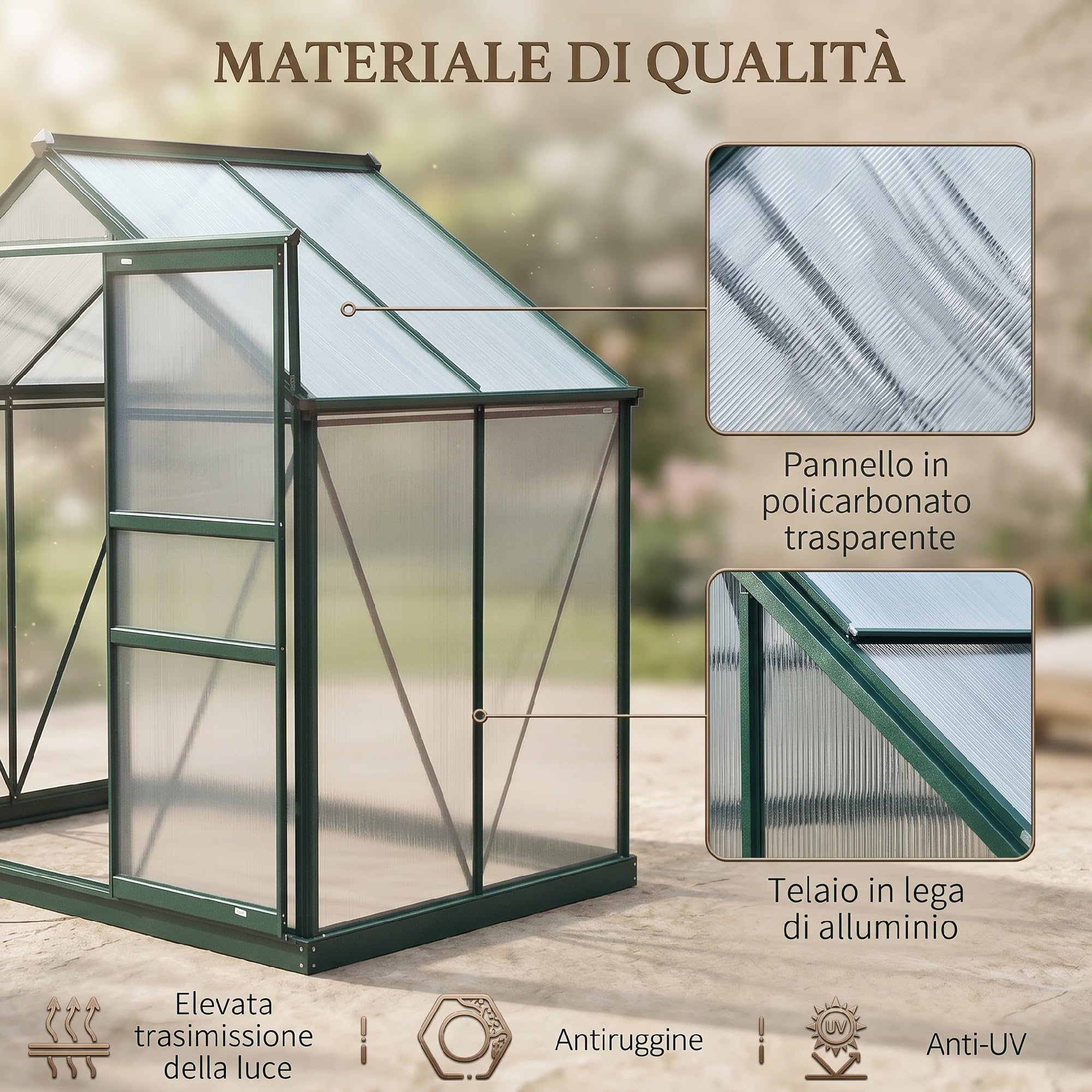 Outsunny Serra da Giardino in Policarbonato 190x132x201cm con Base | Struttura in Alluminio, Serra per Piante, Finestra, Porta Scorrevole