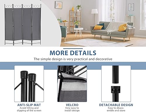 Miniatura 4 de Divisor de habitación, 4 paneles, separadores de habitaciones de 6 pies y pantallas de privacidad plegables, separadores de habitación