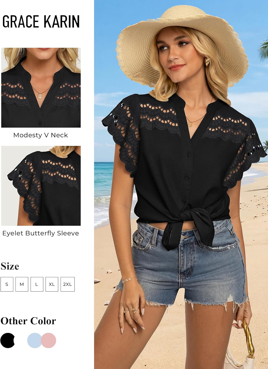 GRACE KARIN Womens Summer Eyelet Tops Dressy Casual,Ruffle Short Sleeve Button Down Shirts,V Neck Embroidered Cotton Blouses - Image 4