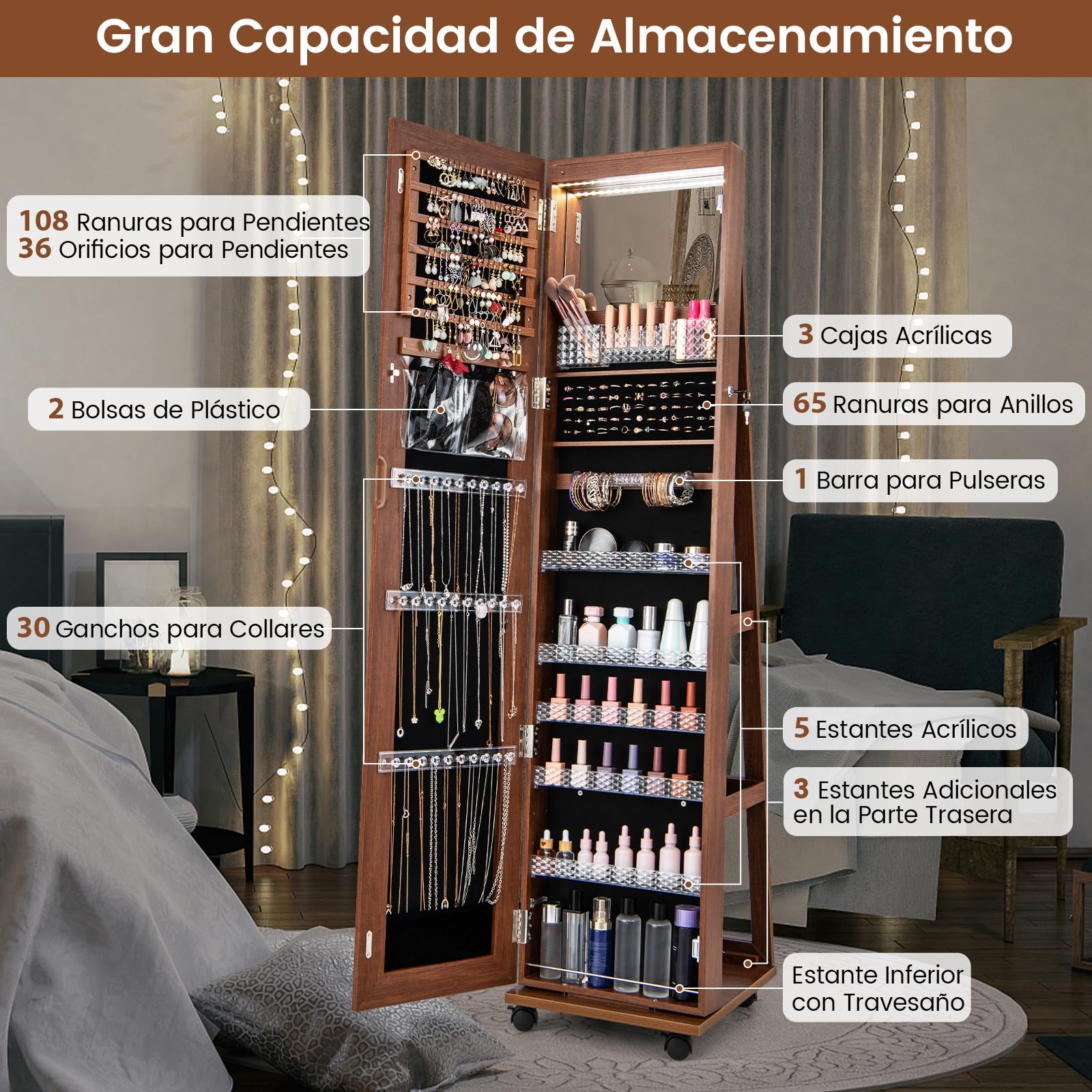 Espejo Joyero de Pie RELAX4LIFE 3 en 1 con LED 3 Colores, Ruedas Giratorias 360°, Armario para Joyas con 3 Estantes, Marrón