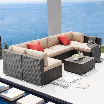 أريكة صوفا في الهواء الطلق مكونة من 7 قطع - PE Rattan Wicker Modular Patio Furniture مجموعة مع وسائد قابلة للغسل وطاولة قهوة زجاجية - بني   
