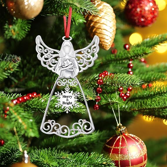 Christmas Angel Ornaments 2026 for Christmas Tree Decorations,Christmas Angel Decorating Hanging Ornament for Holiday Decorative Annual Keepsake Gift (Metal,Silver)