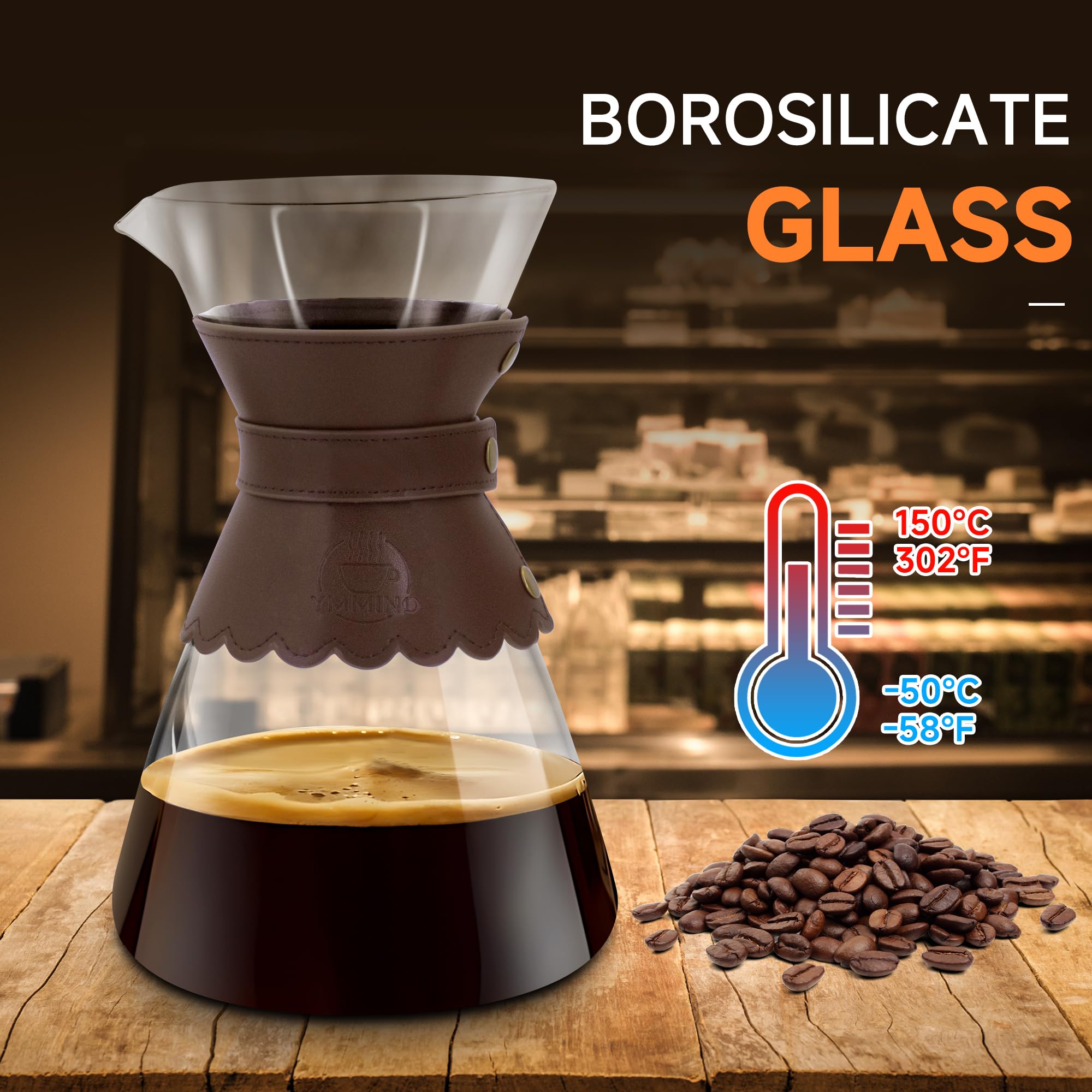 YMMIND Cafetera de 34 onzas con filtro de acero inoxidable de doble capa, gotero de vidrio de borosilicato, almohadilla de cuero desmontable resistente al calor para 7-8 tazas (marrón oscuro)