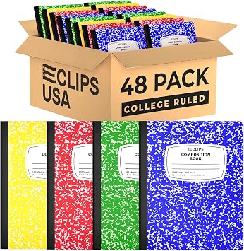 E-CLIPS USA Composition Notebook College Ruled Marble Composition Notebooks Bulk College Ruled Notebooks for Work 9.75" x 7.5" 100 sheets 200 Pages 48 Pack Assorted colors