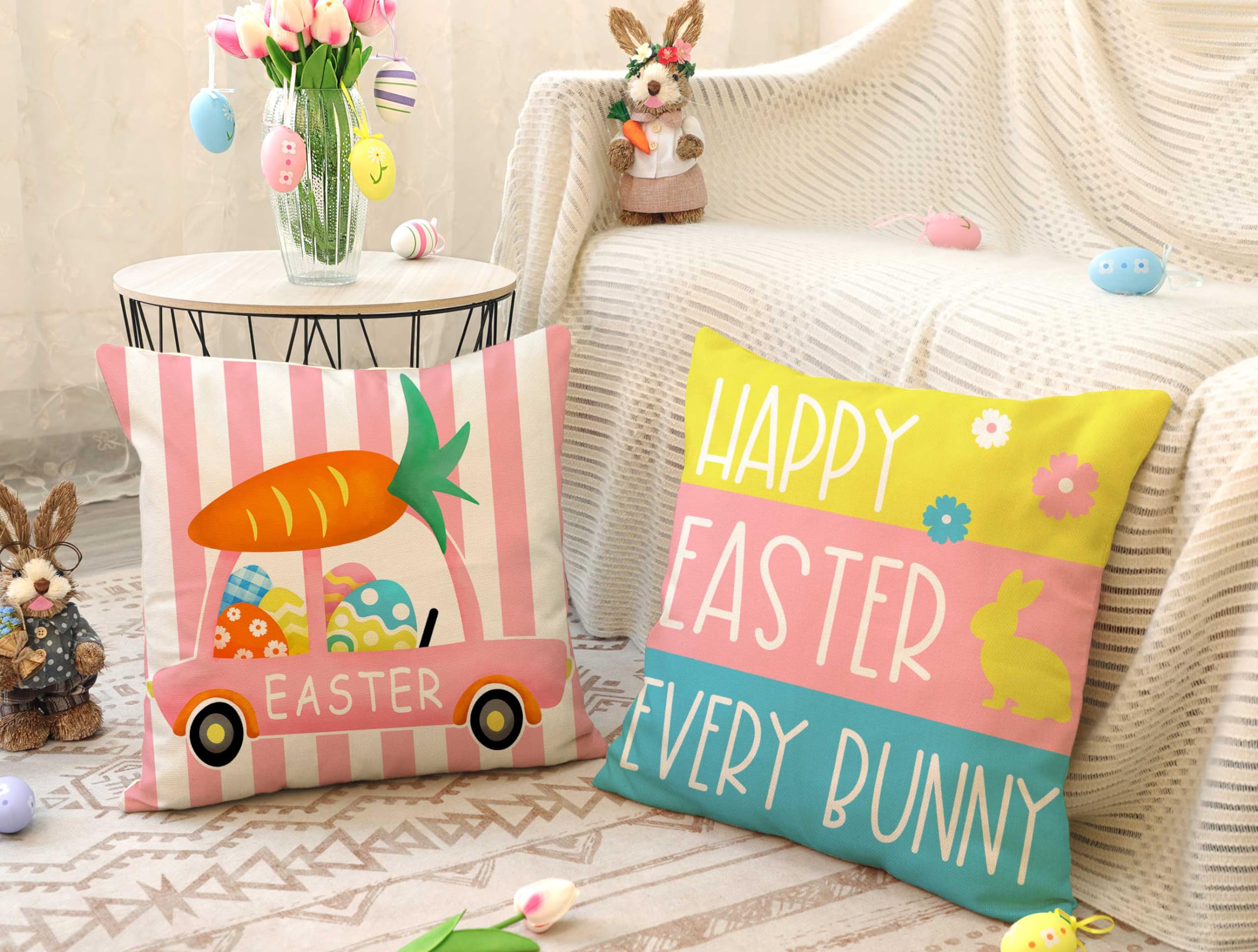 4TH Emotion Easter Throw Pillow Covers 18 x 18 Inch Set of 4, Hello Peeps Bunny Spring Farmhouse Holiday Colorful Cushion Case for Home Sofa Couch Decoration TH175 3
