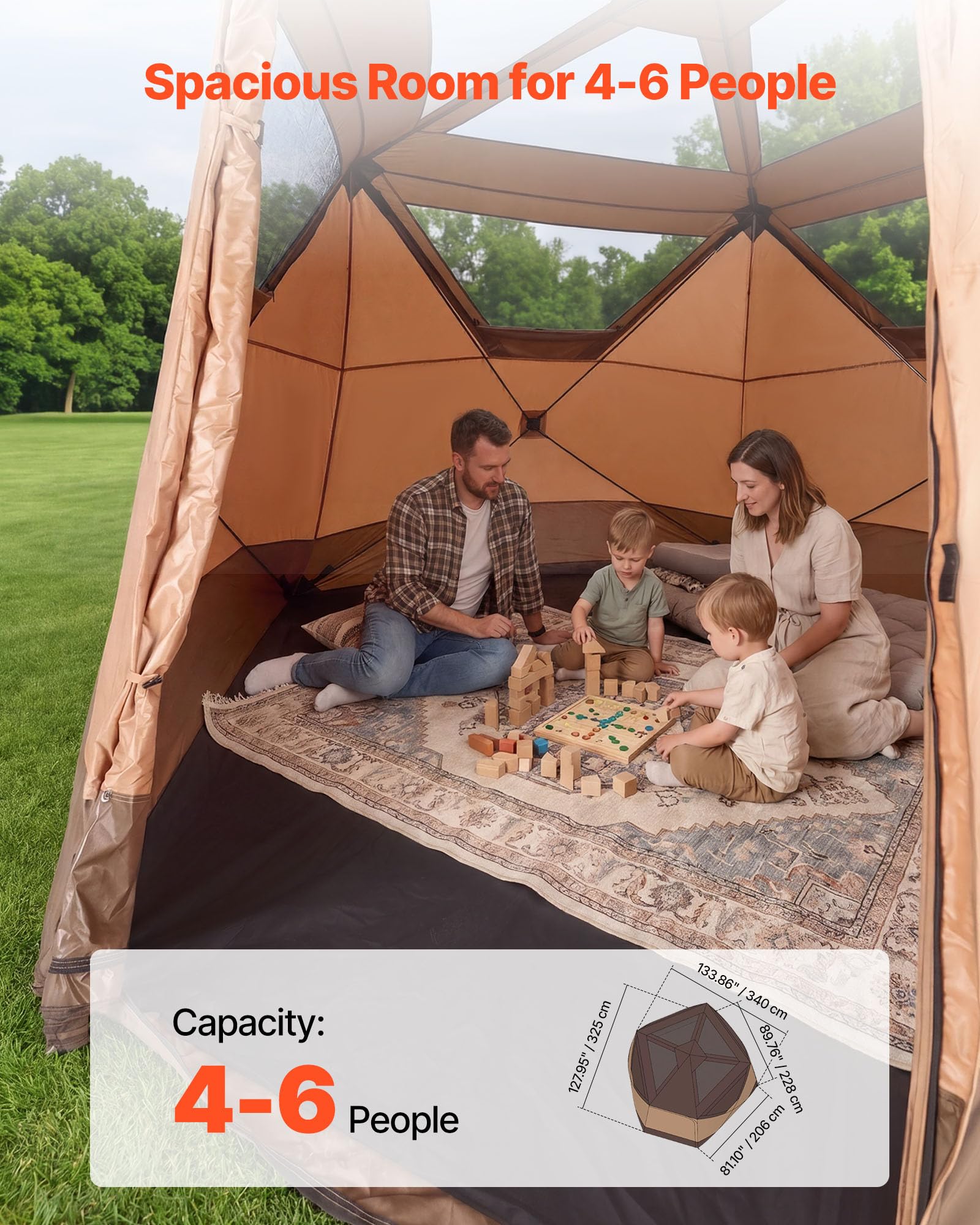 VEVOR Campingzelt 6 Personen, Pop-Up-Zelt mit Regenschutz & Netzfenstern, Schnellaufbau in 60 Sekunden, Tragbares Zelt mit Tragetasche für Familien-Camping & Wanderungen, 330x213x204 cm