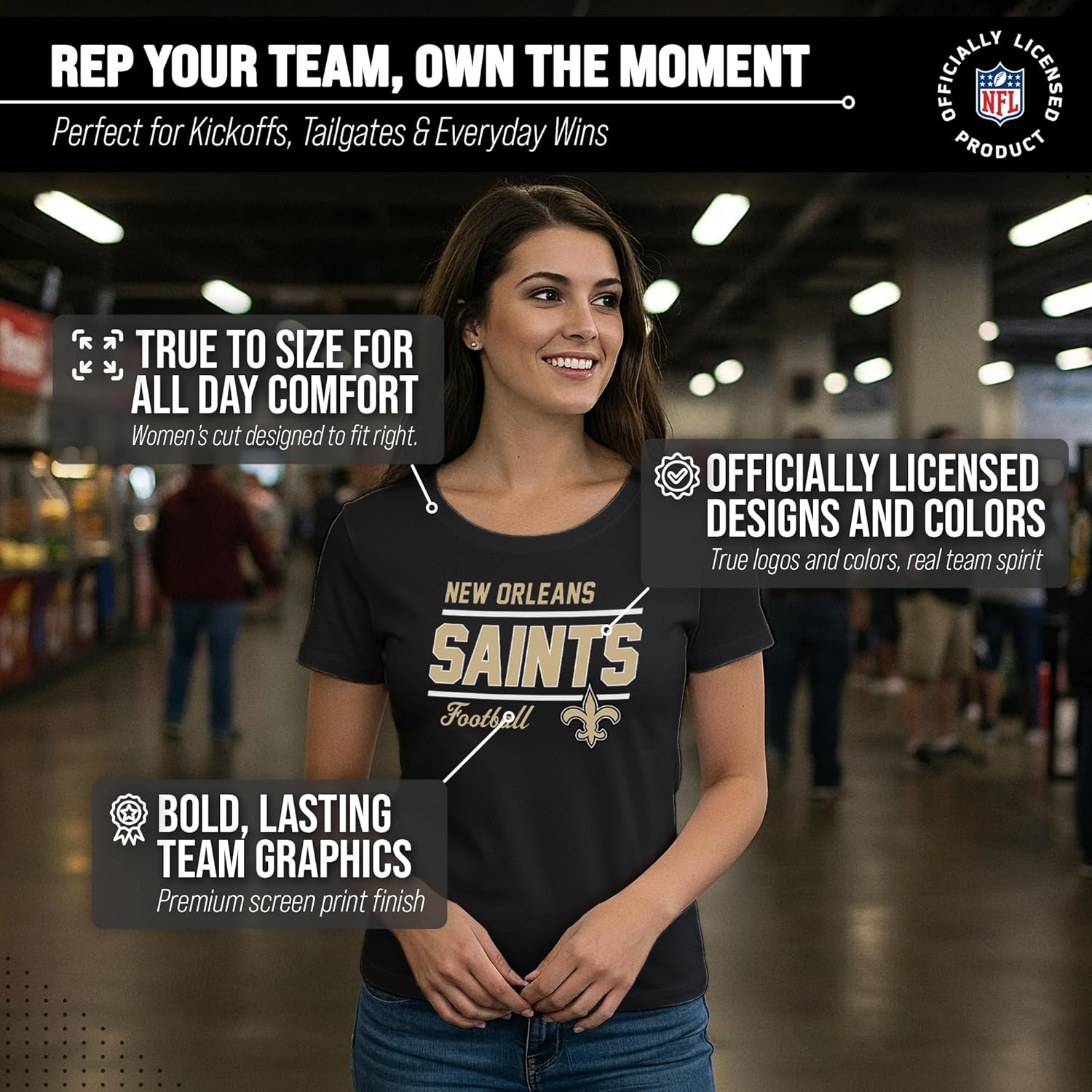 Team Fan Apparel NFL Gameday Women's Relaxed Fit T-Shirt - Rib Neck Contour - Tagless Short Sleeve Tee - Stay Cool & Stylish (New Orleans Saints - Black, Medium) - Image 5