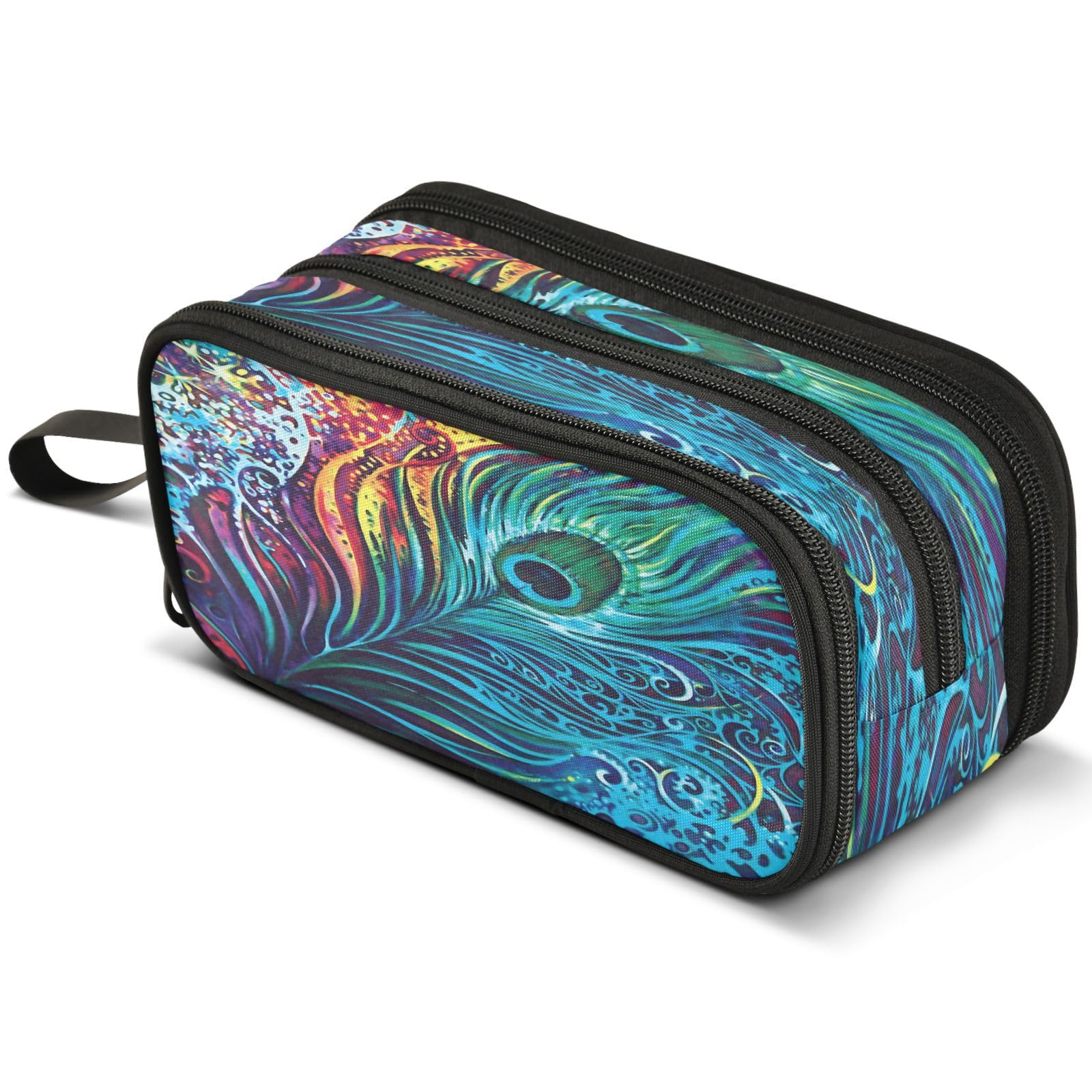 Mnsruu Peacock Feather Boho Teal Pencil Case Large Capacity Pen Pouch Pencil Bag with 3 Compartments Pen Holder Organizer Stationery Bag