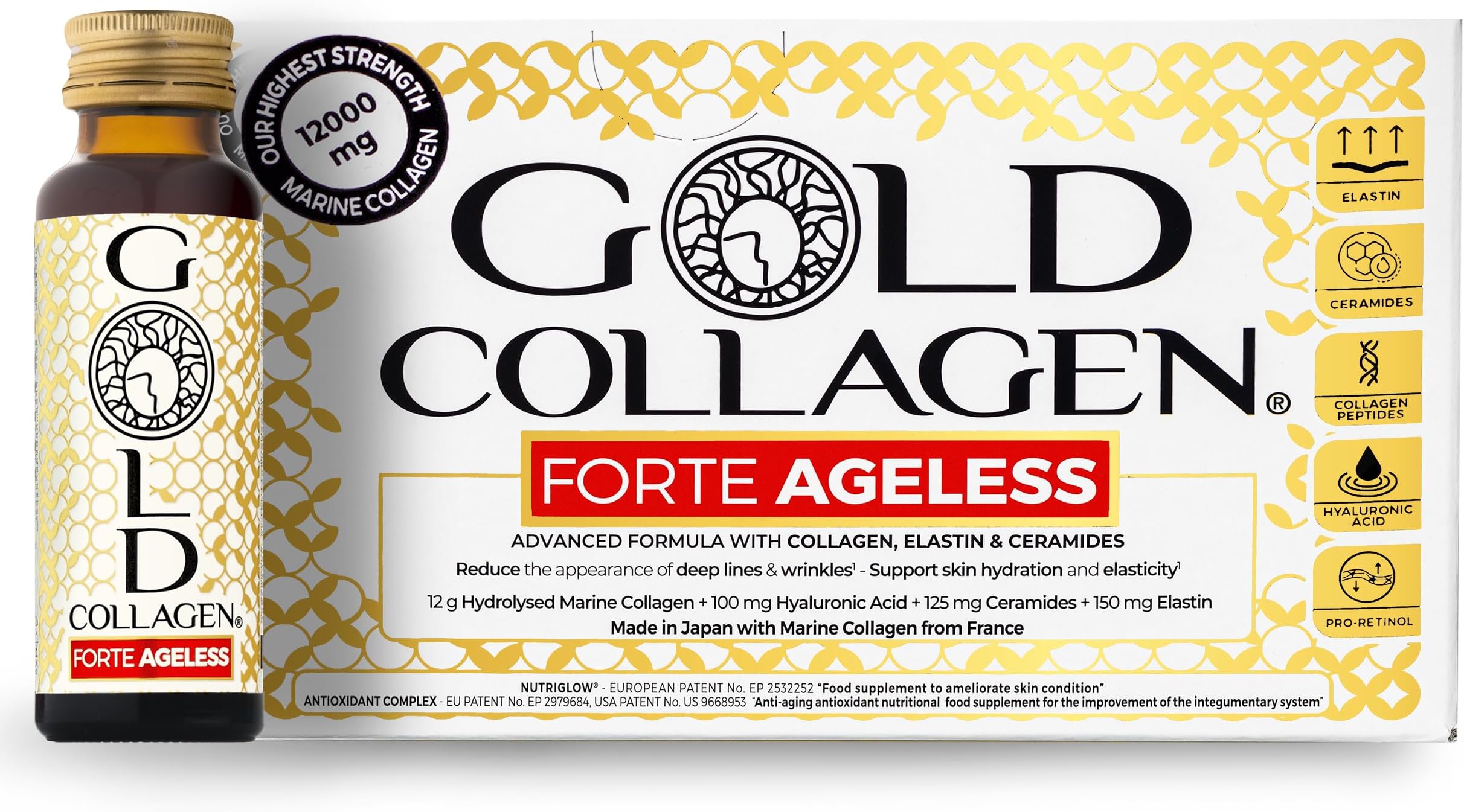 GOLD COLLAGEN Forte Ageless - Anti Wrinkle Collagen Supplements for Women & Men with Vitamin C, Biotin, Hyaluronic Acid, Marine Collagen - Deep Lines Reduction, Antioxidant & Plumping, 1 Pack 10x50 ml