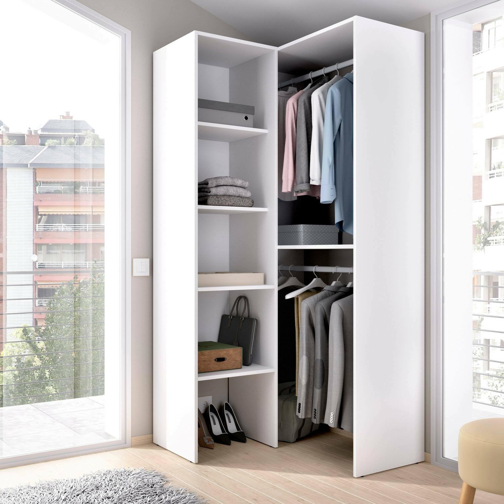 Dmora Guardaroba Grande Bernina 88.4x185.5h cm Bianco Appendiabiti 5 Ripiani, Armadio Camera da Letto 7 Vani