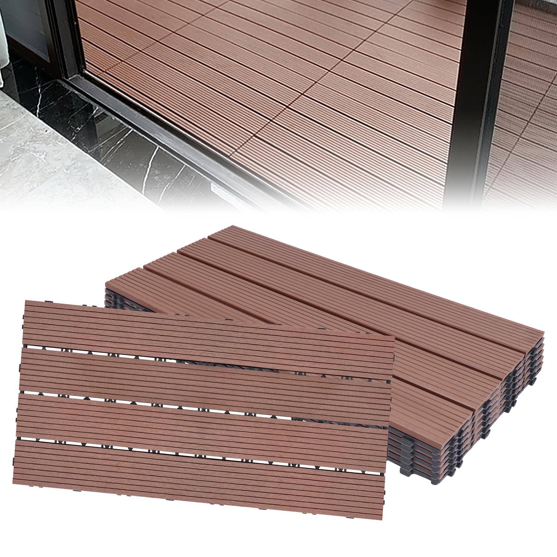 Froadp 6 Stück WPC Terrassenfliesen Fliesen 30x60 cm, Balkonboden Fliesen, Klickfliesen mit Holzoptik, Wasserfest & Wetterfes, Balkonfliesent für Garten, Terrasse, Gesamt ca. 1m², Braun