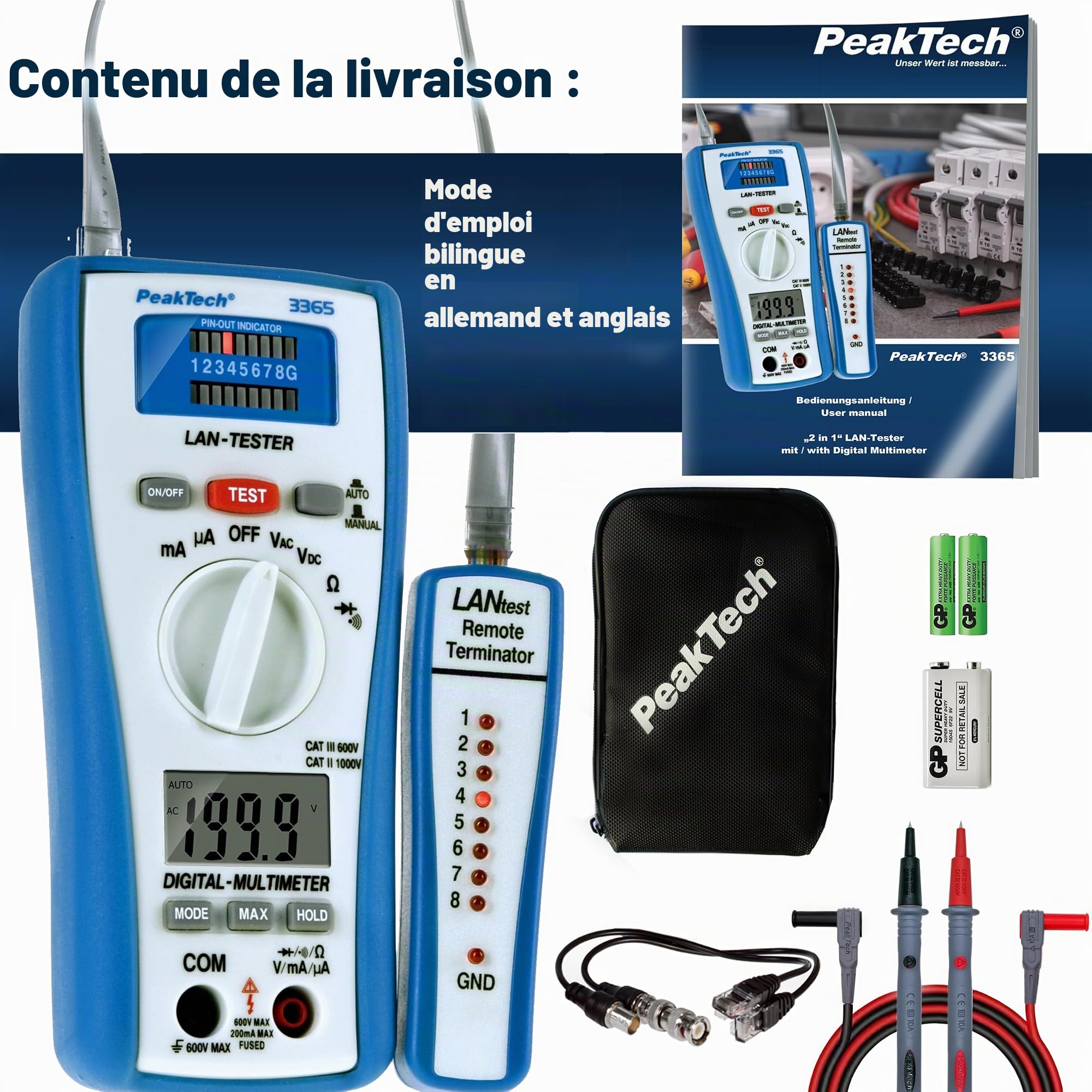 PeakTech 3365 - Multimètre Numérique RMS avec Testeur LAN, Testeur de réseau, Testeur de tension, Multimètre Portable, Testeur de Câble, Voltmètre, Testeur de Continuité, Câble de Terre - 600V