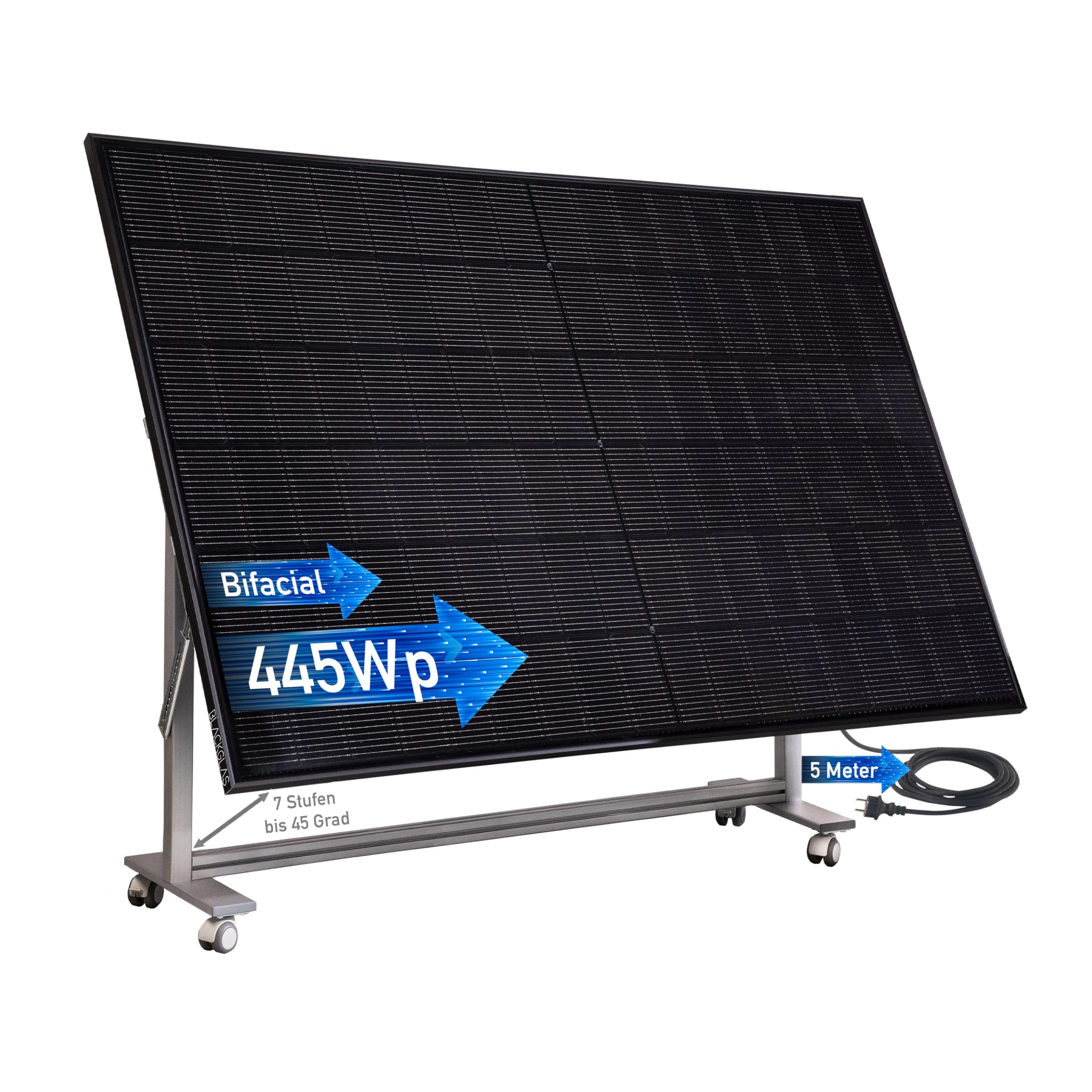 SolarScreen Sichtschutz VEOtabletPRO-Q Modul 445Wp Full Black Solarmodul, Wechselrichter mit App, 5m Kabel, Verstellbarer Winkel, Plug & Play, Vormontiert mit Rollen, Made-in-Germany
