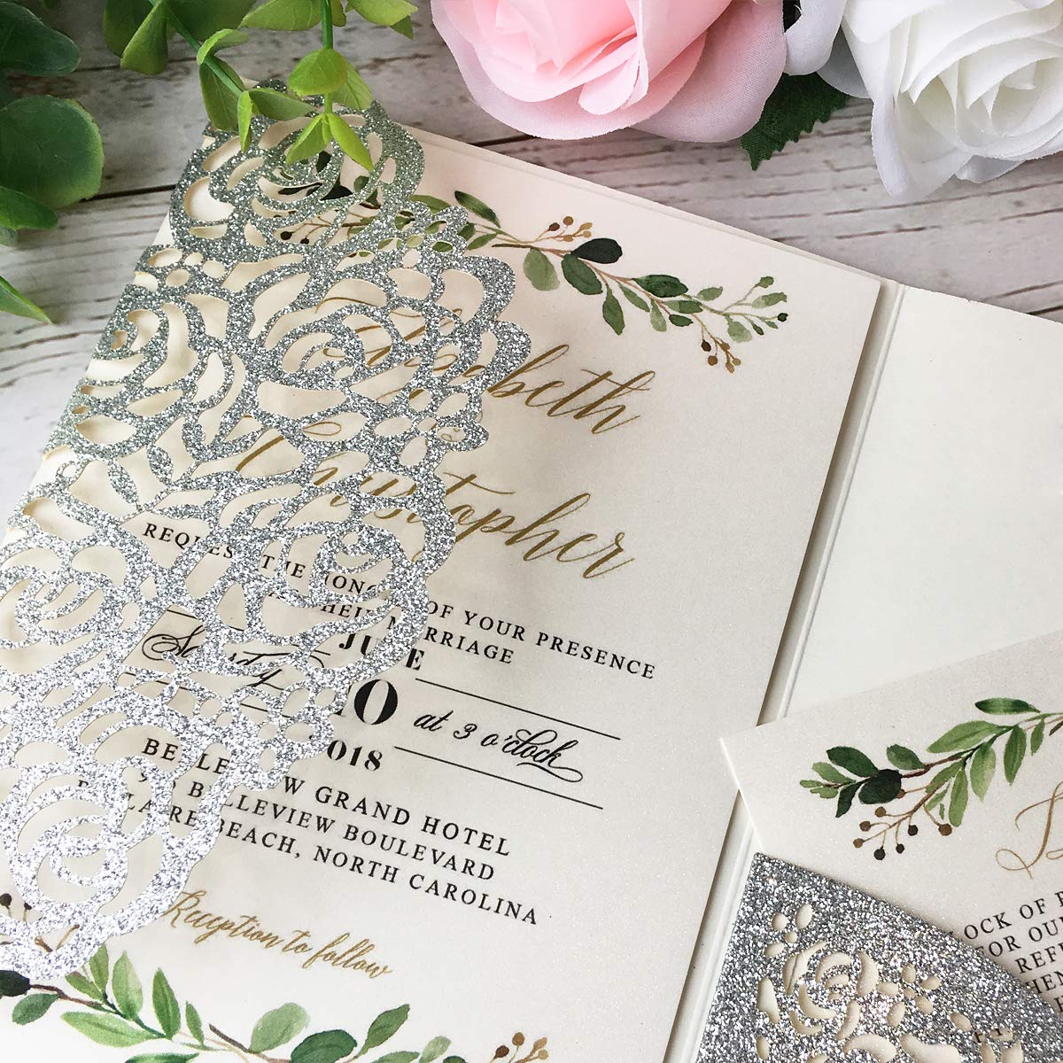 20 pezzi Invito a nozze taglio laser argento con RSVP bowknot per biglietti di fidanzamento feste e inviti matrimonio (argento glitter)