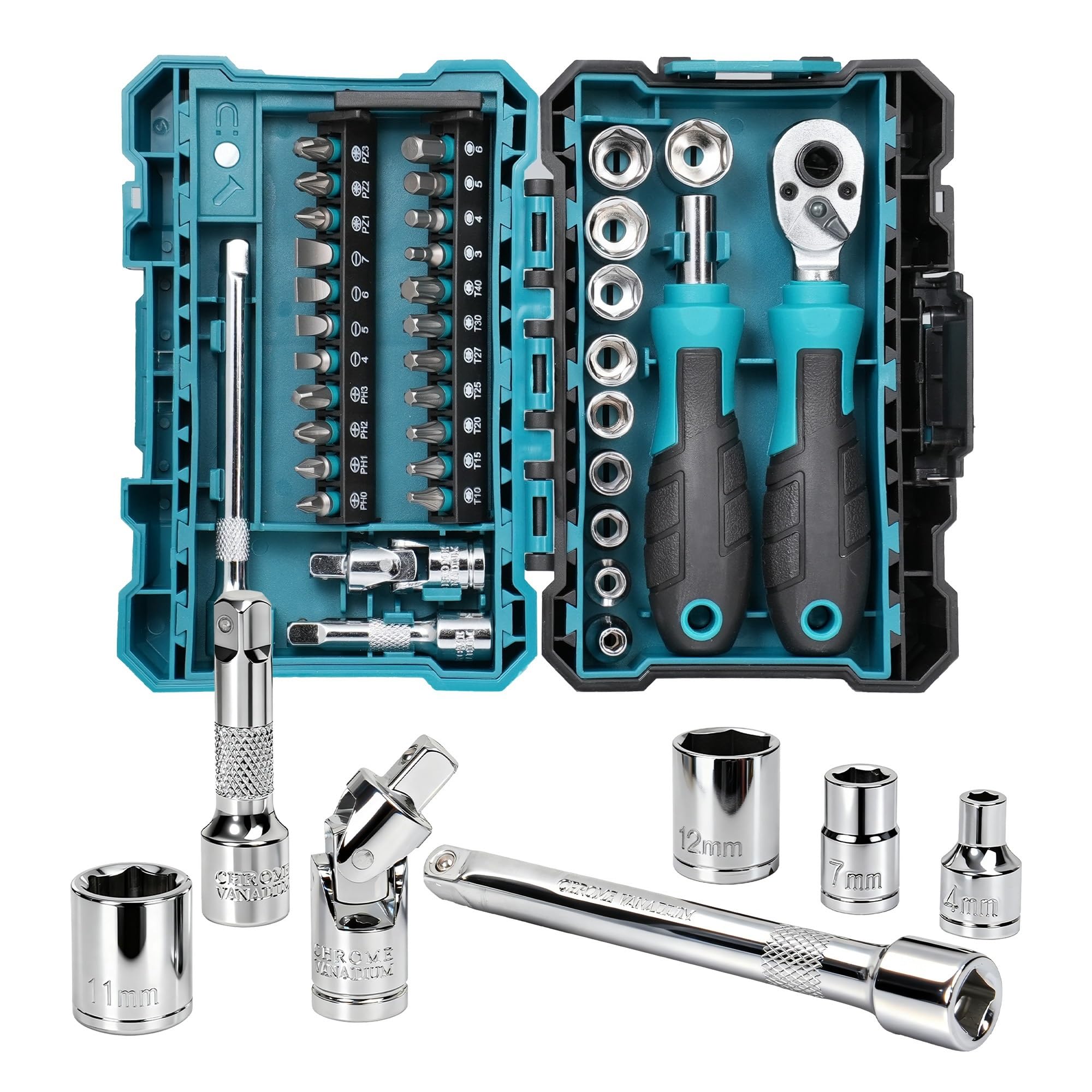 Zestaw mininasadek z grzechotką 1/4" Nasadka magnetyczna gniazdem 4-13 mm, przedłużenia rękojeści Zestaw przedłużek