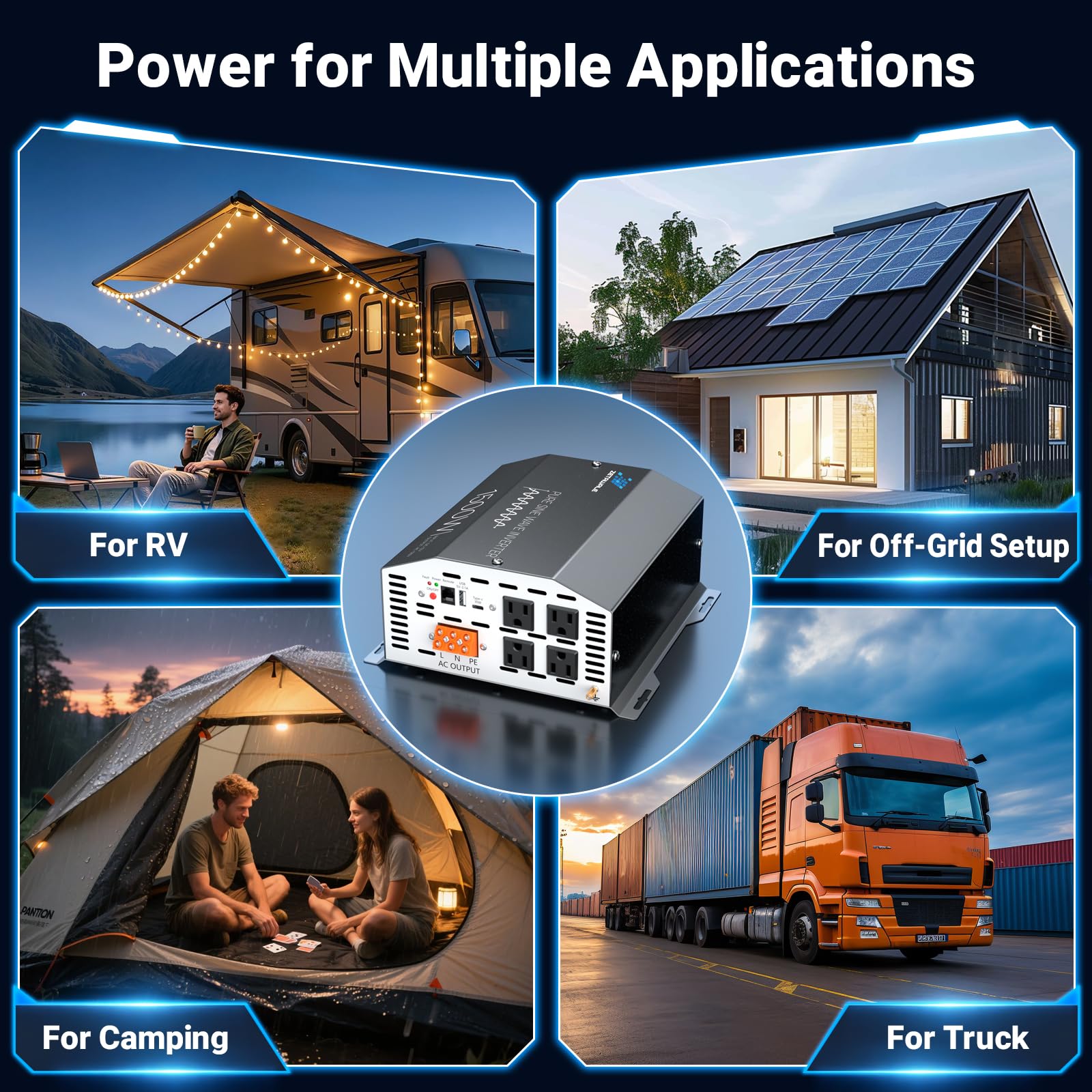 1500 W przetwornica czystej fali sinusoidalnej, przetwornica prądu szczytowego 12 V na 110 V 120 V, falownik szczytowy 3000 W z 4 wyjściami AC, port USB, typ C, wyświetlacz LCD z pilotem