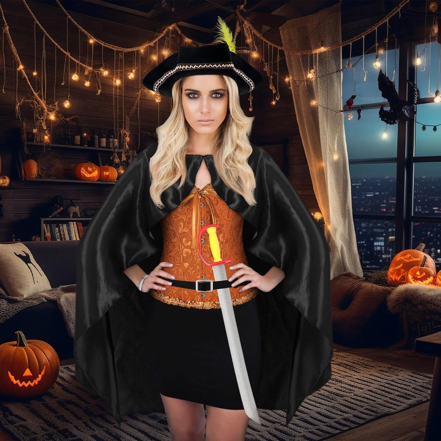 Newcotte Women Cat in Boots Costume Set for Halloween Cosplay Hat Cloak Belt Waist Corset Accessories Props for Adult Halloween Party Cos Supplies - Image 5