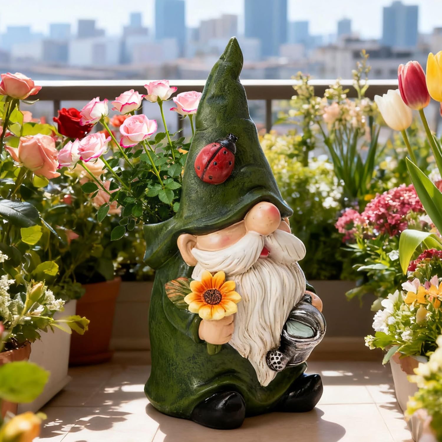 Gnome Planter Pot - Gnome Resin Pot with Glowing Ladybug Cute Flower and Succulent Pots for Indoor Outdoor Plants Home Farmhouse Garden Spring Summer Tabletop Statue Decoration (Green Cloth)