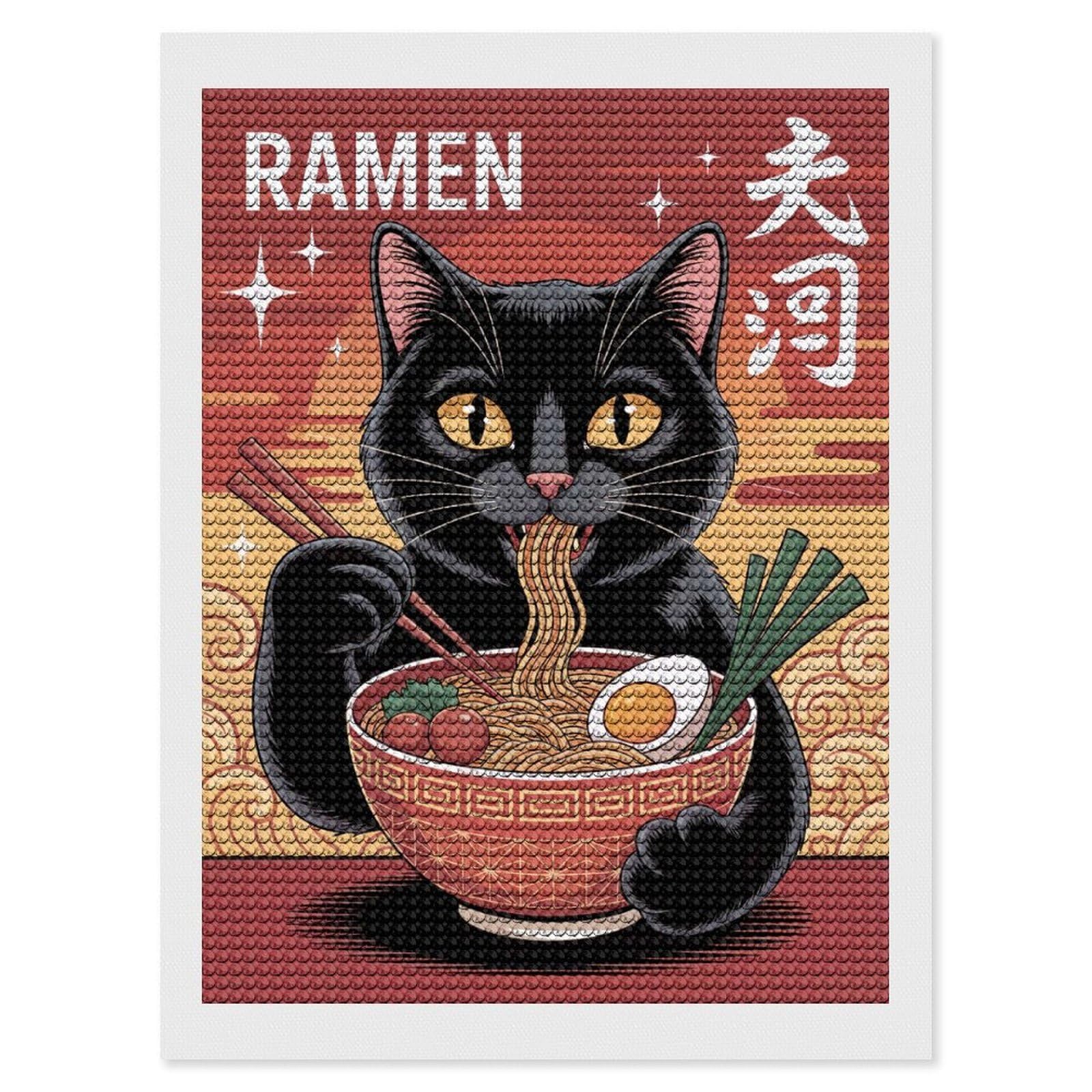 Junmoney Cat Eating Ramen Illustration Diamond Painting Canvas Kit 12"x16", Relaxing DIY, Modern Decor, Aesthetic Room Decor, Home Wall Art, Wall Art Gift