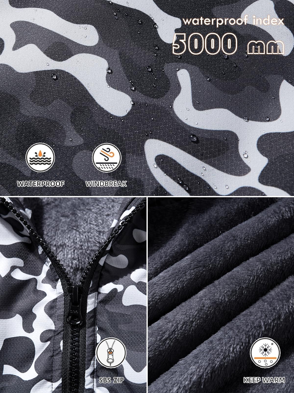 Tansozer Herren Wind- und Wasserdichte Winterjacke Warme Skijacke Gefütterte Outdoorjacke mit Abnehmbarer Kapuze (Camouflage Schwarz, L)