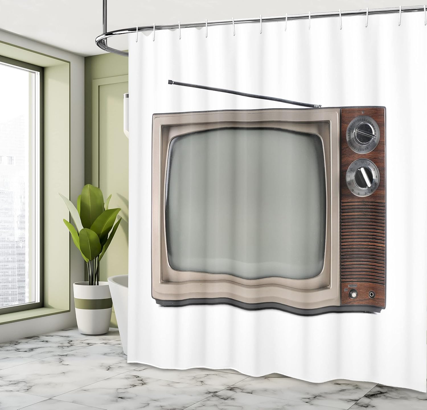 Ambesonne 1950s Shower Curtain, Old Television with Antenna Broadcast Display Antique TV Historic Movie Screen, Cloth Fabric Bathroom Decor Set with Hooks, 69" W x 70" L, White Umber