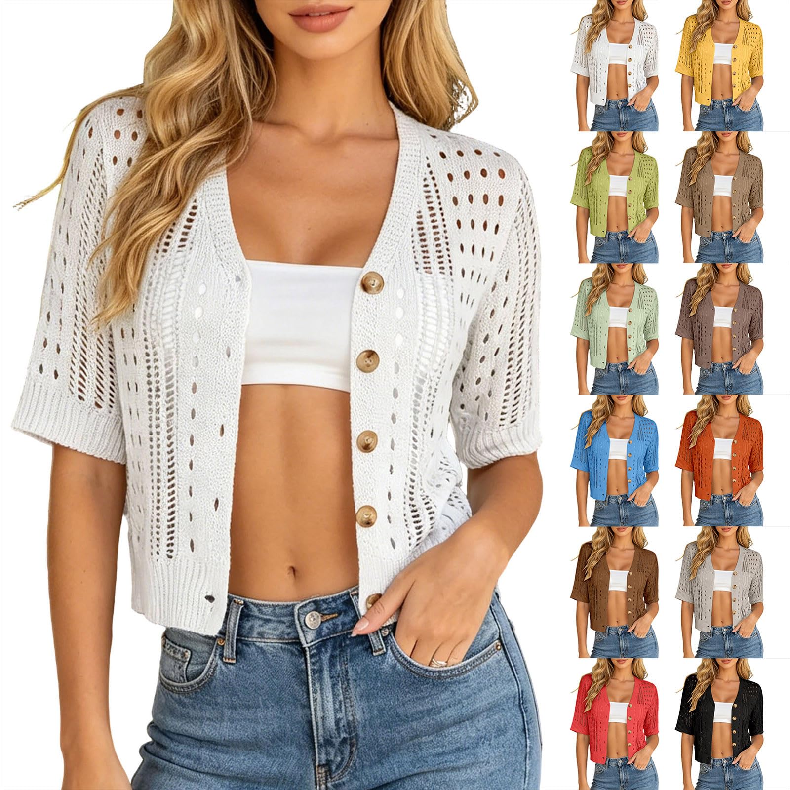 Cardigan Court Femme Manches Courtes en Tricot Ajouré, Col V Boutonné Léger Respirant Cropped Gilet, Veste d'été pour Plage Vacances Sorties Quotidiennes