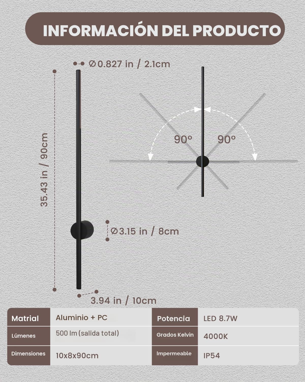 aplique de pared interior, apliques y aplique dormitorio, 90cm LED negro 4000K cálido (8.5W), giratoria, moderno, IP44 int/ext impermeable