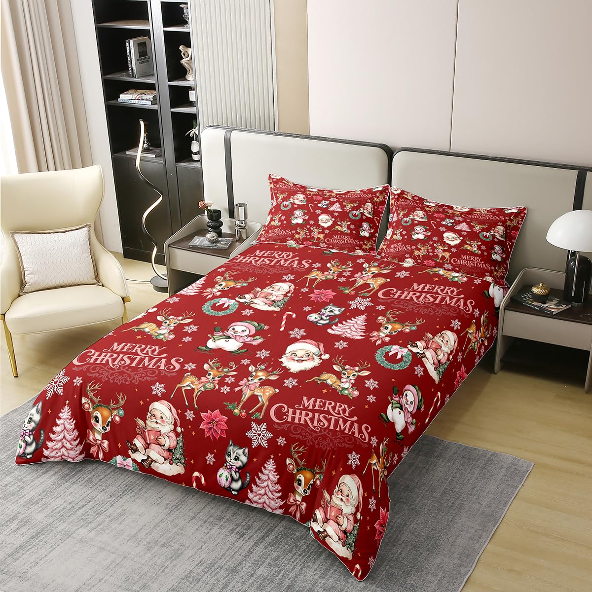 Homewish Czerwona choinka super king zestaw pościeli Święty Mikołaj, jeleń, bałwan, bawełna, poszewka na kołdrę dla dzieci, dziewcząt, chłopców, zimowa poszewka na kołdrę, urocze różowe kokardki