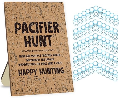 Juego de 51 piezas de baby shower, juegos de caza de chupetes, incluyendo chupete rústico para bebé, tablero de señales de caza, chupete de bebé,
