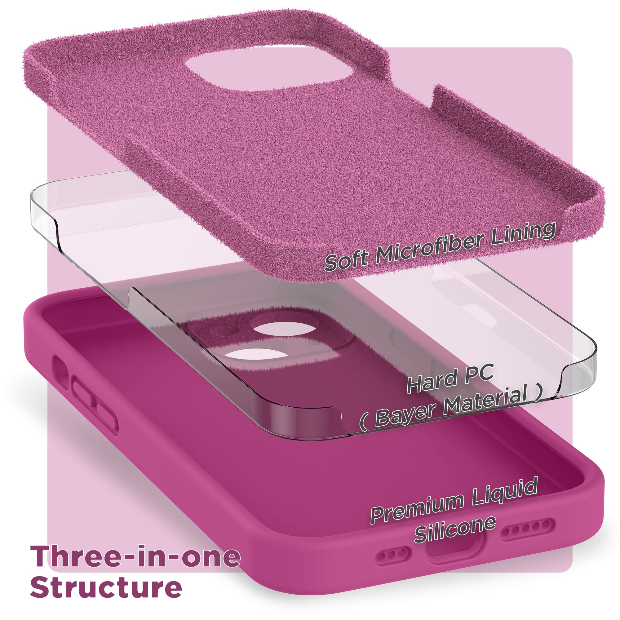 SURPHY Silicone Cover per iPhone 14 6.1 Pollici, con 2 Vetro Temperato, Custodia Antiurto per iPhone 14, con Protezione per Ogni Lente Full Body Protettiva Case per iPhone 14 2022, Rosa caldo