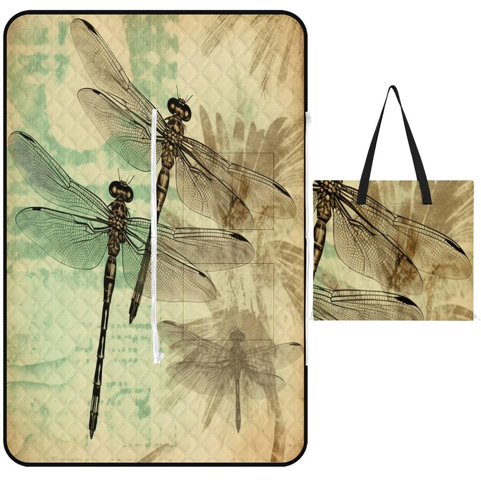 Dragonfly Dragonflies Vintage Picnic Mat 150x100cm Extra Large Picnic Blanket with Zipper Waterproof Sandproof Beach Blanket Portable Beach Mat Foldable Camping Blankets for Park Grass Lawn Travel