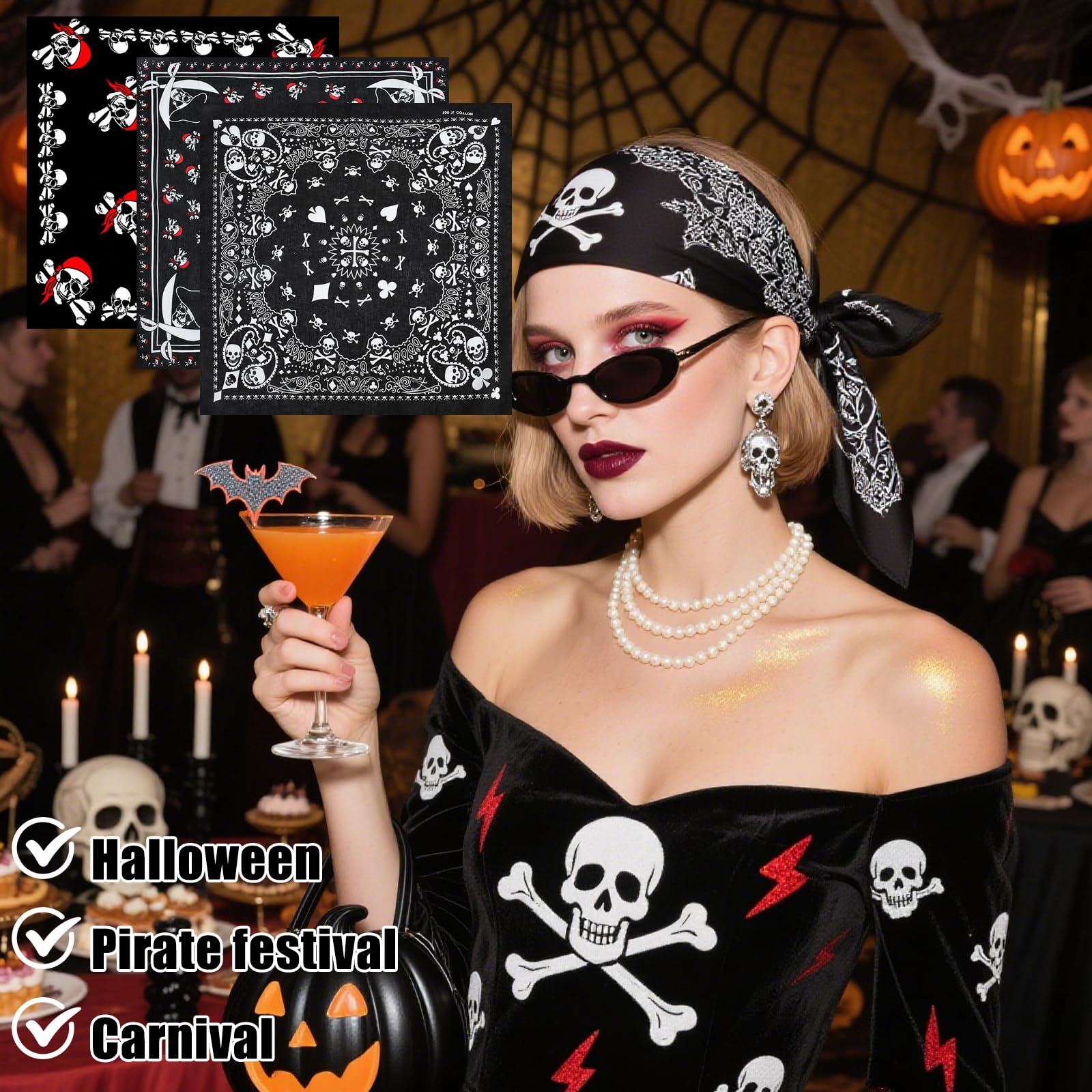 3 pañuelos negros de calavera, diadema de pirata de Halloween, bufanda de algodón de doble cara, envoltura para la cabeza para mujeres y hombres, uso diario unisex