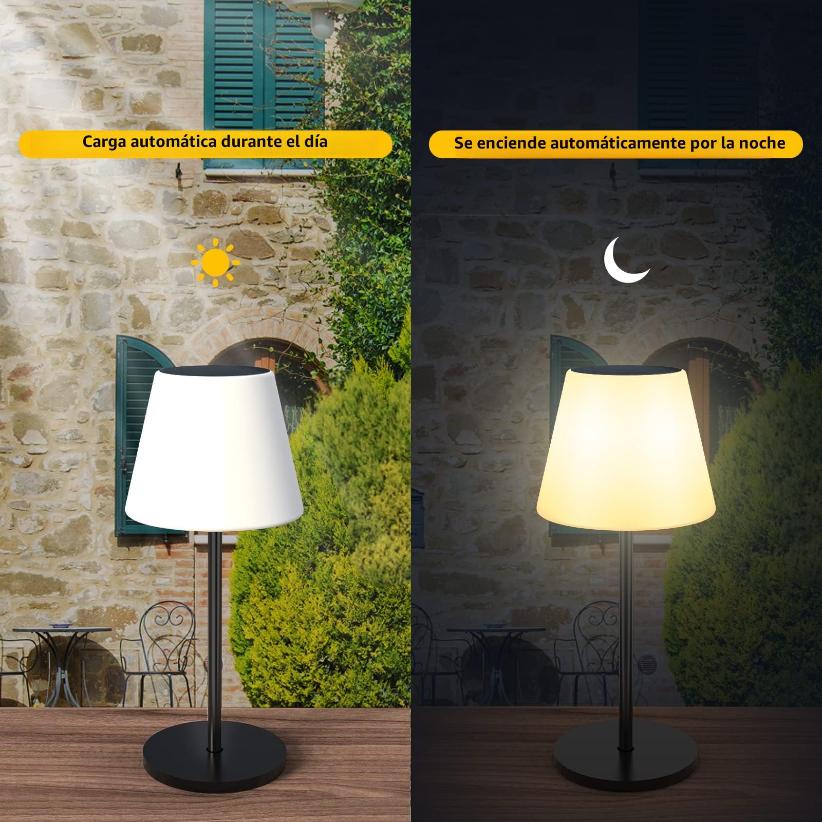 Lámpara de mesa solar para exteriores con sensor de luz, regulable blanco cálido y RGB LED lámpara de mesa inalámbrica, portátil, recargable, lámpara solar para exteriores,terraza.