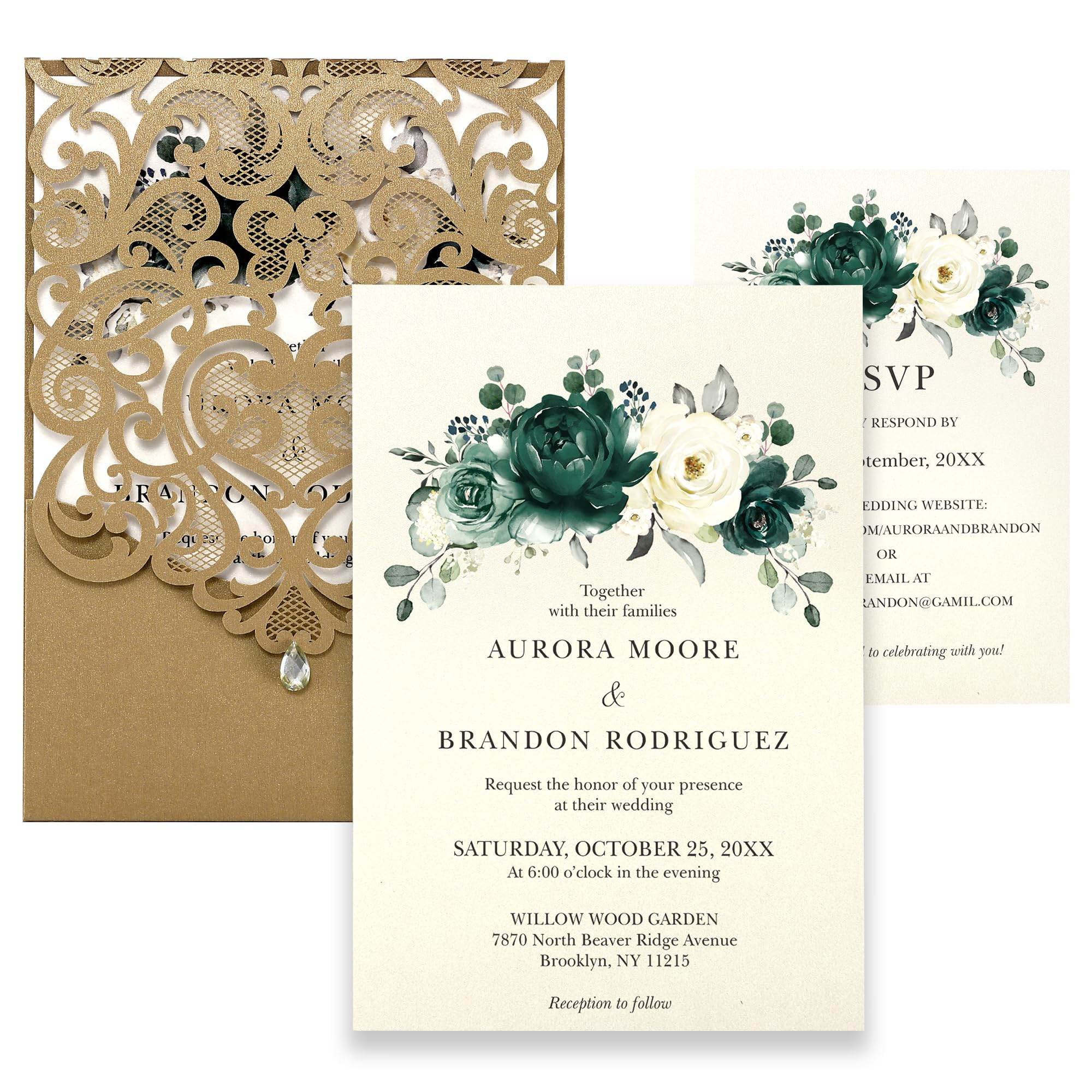 FANEYA 50pcs Laser Cut Wedding Invitations with Envelopes and RSVP Cards Green and Gold, 5x7.3 Personalized Invitation Cards for Wedding, Anniversary